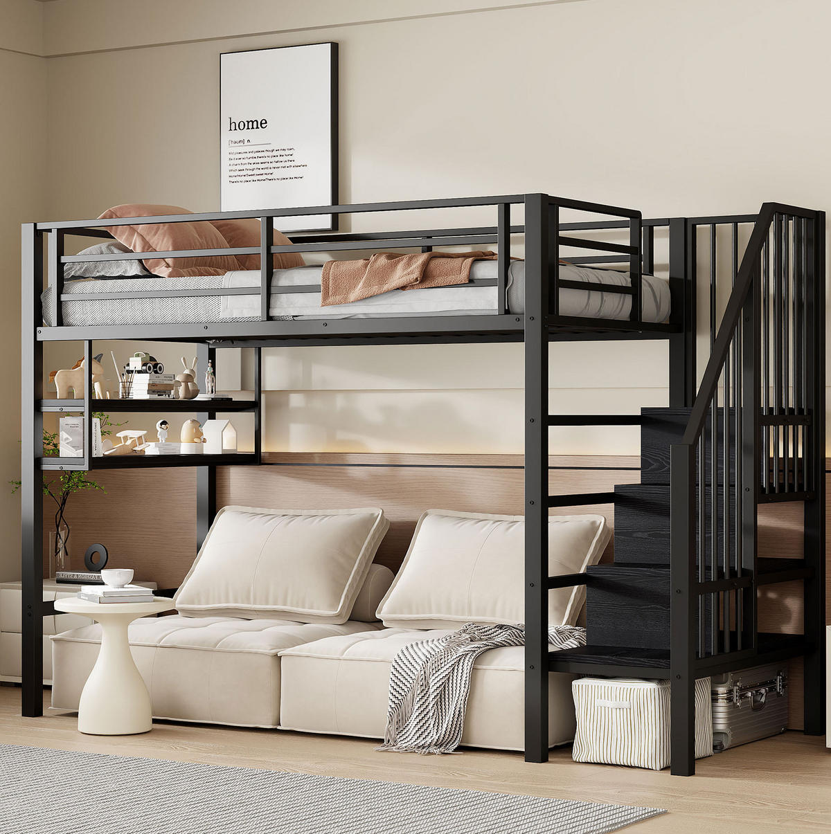 HOCHBETT 90/200 cm, Schwarz mit Stauraumleiter und Einlegeböden ohne Matratze - Schwarz, Metall (90/200cm) - MIVRAY