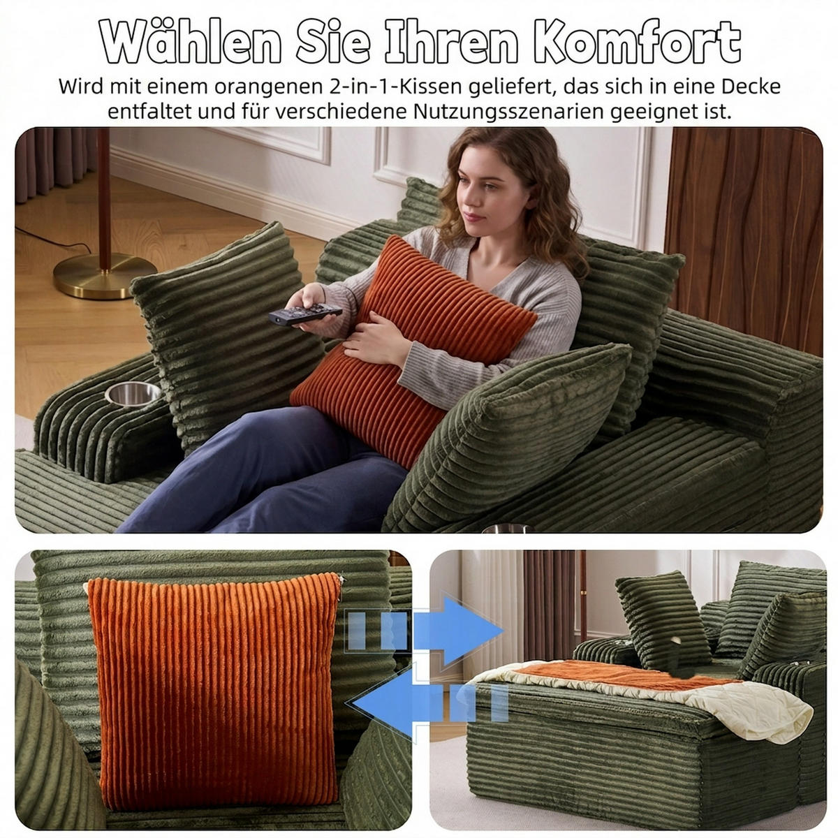 SCHLAFSOFA 165/112/63 cm Grün mit Chaiselongue, 3 Kissen und 1 Decke - Grün, Textil (112/63/165cm) - Oxeza
