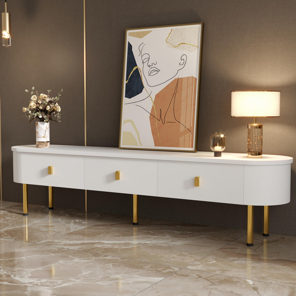 TV-SCHRANK in Weiß lackiert mit 3 Schubladen und goldfarbenen Beinen 174/35/41 cm - Weiß, Holzwerkstoff (174/41/35cm) - Redom