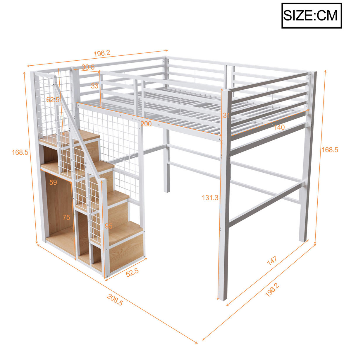 HOCHBETT 180/200 cm weiß aus Metall mit Stauraum und Treppe - Weiß, Holzwerkstoff (140/200cm) - OKWISH