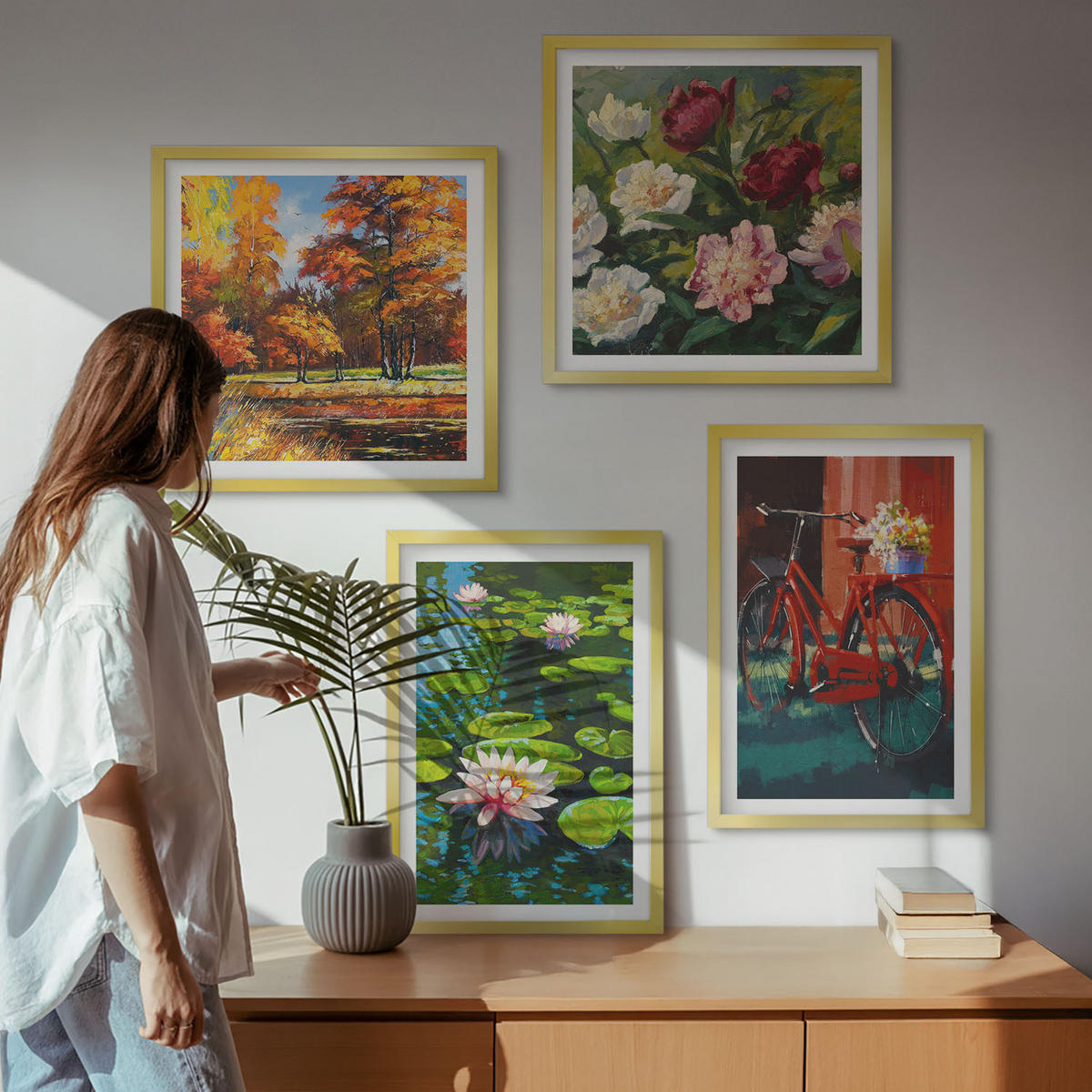WANDBILDER 4er Set - 50x50 cm & 40x60 cm Goldrahmen - Herbstfarben Seerosenteich - Goldfarben, Kunststoff (50/50cm) - ArtPrintCave