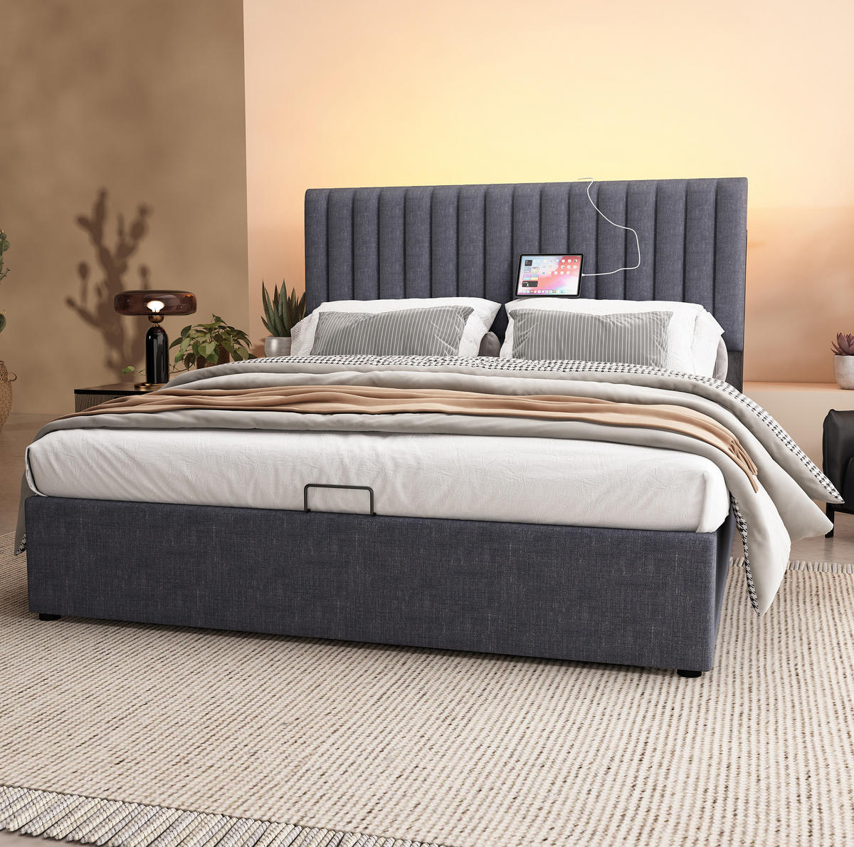 POLSTERBETT 160/200 cm grau mit Stauraum und LED-App-Steuerung mit Matratze - Grau, Textil (160/200cm) - OKWISH