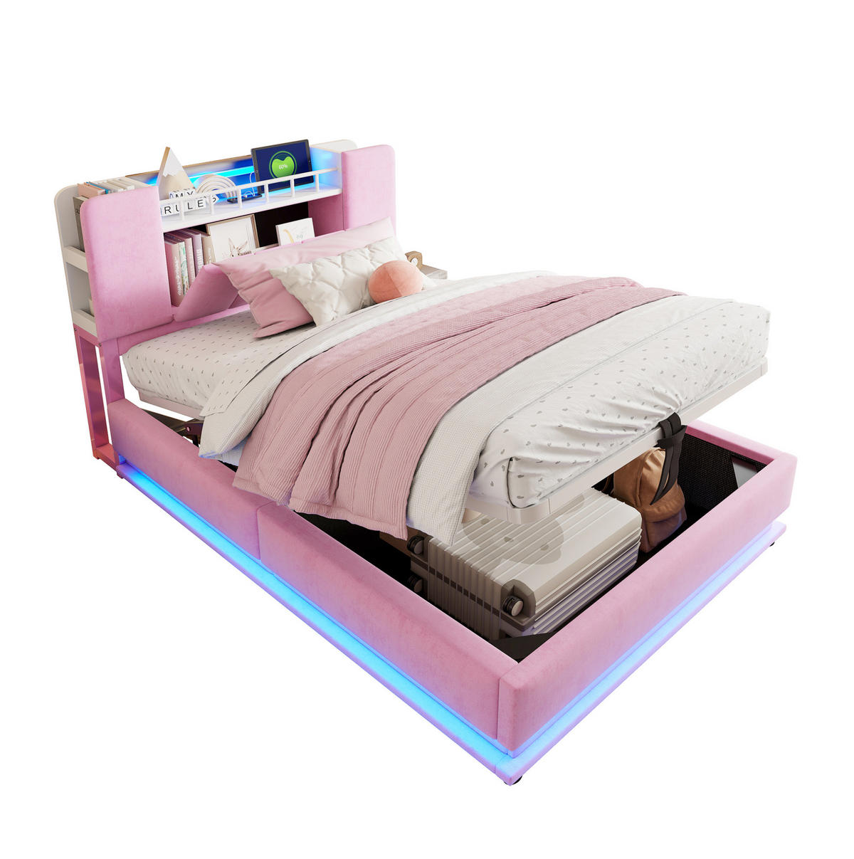KINDERBETT mit LED, USB und Stauraum 90x200 cm Rosa - Pink, Metall (90/200cm) - Meubliv