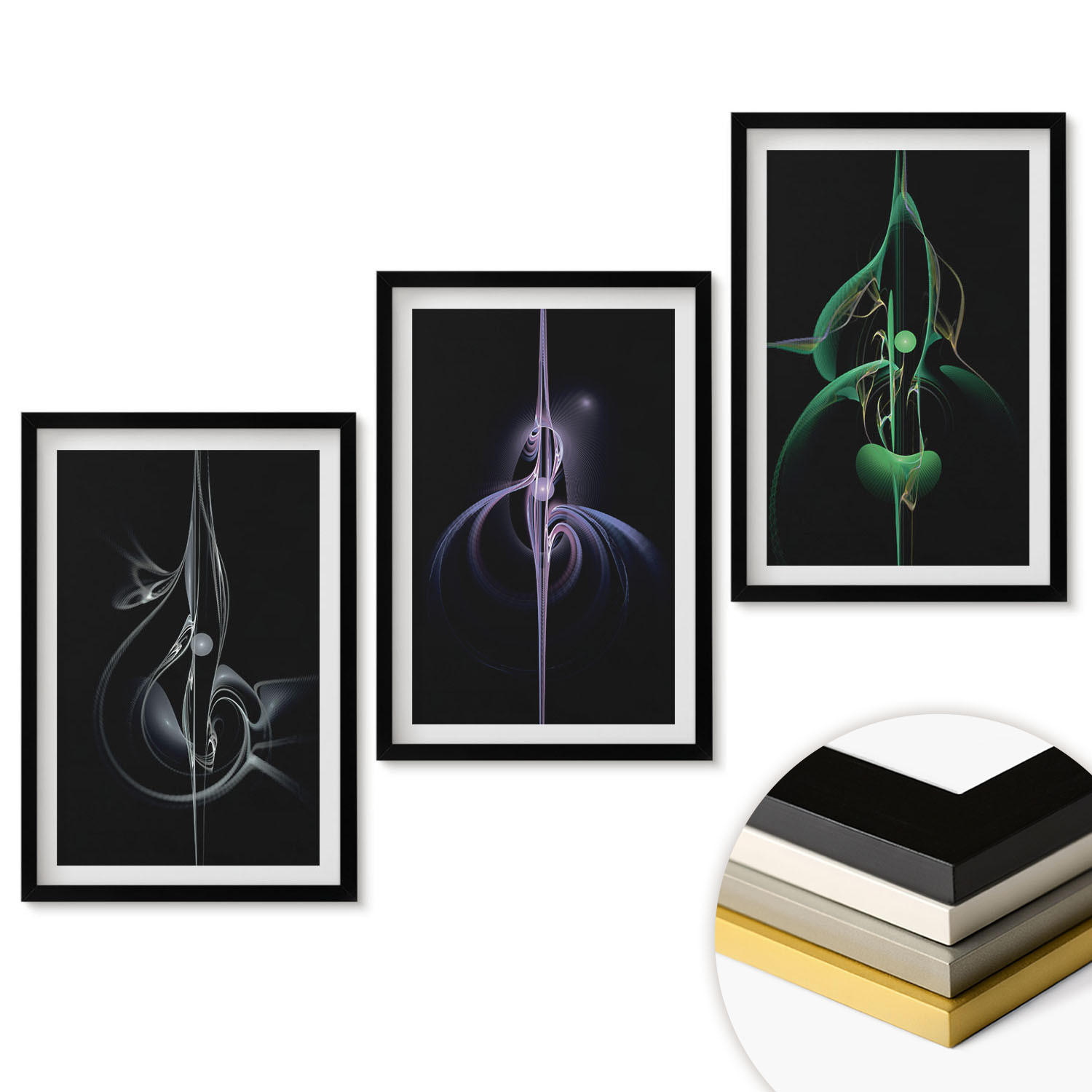 WANDBILDER 3er-Set - 40x60 cm Schwarzer Rahmen - Abstrakte schwarze Farbmuster - Schwarz, Kunststoff (40/60cm) - ArtPrintCave