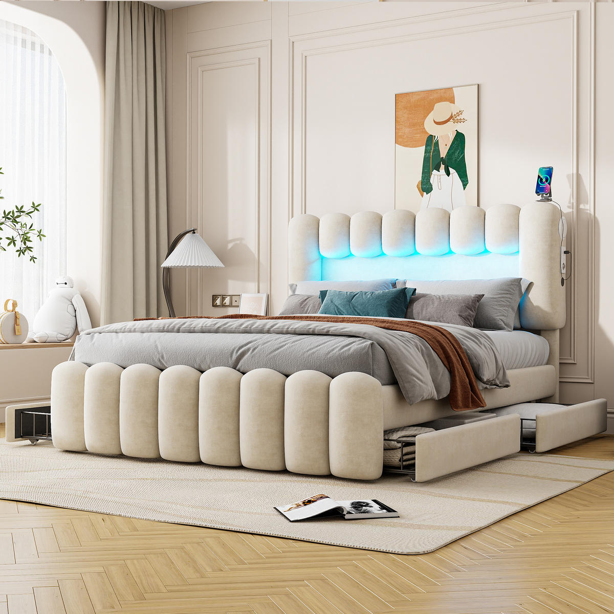 POLSTERBETT aus Samt 160x200 cm in Beige mit LED, USB, Lautsprechern & 4 Schubladen - Beige, Textil (160/200cm) - Modfu