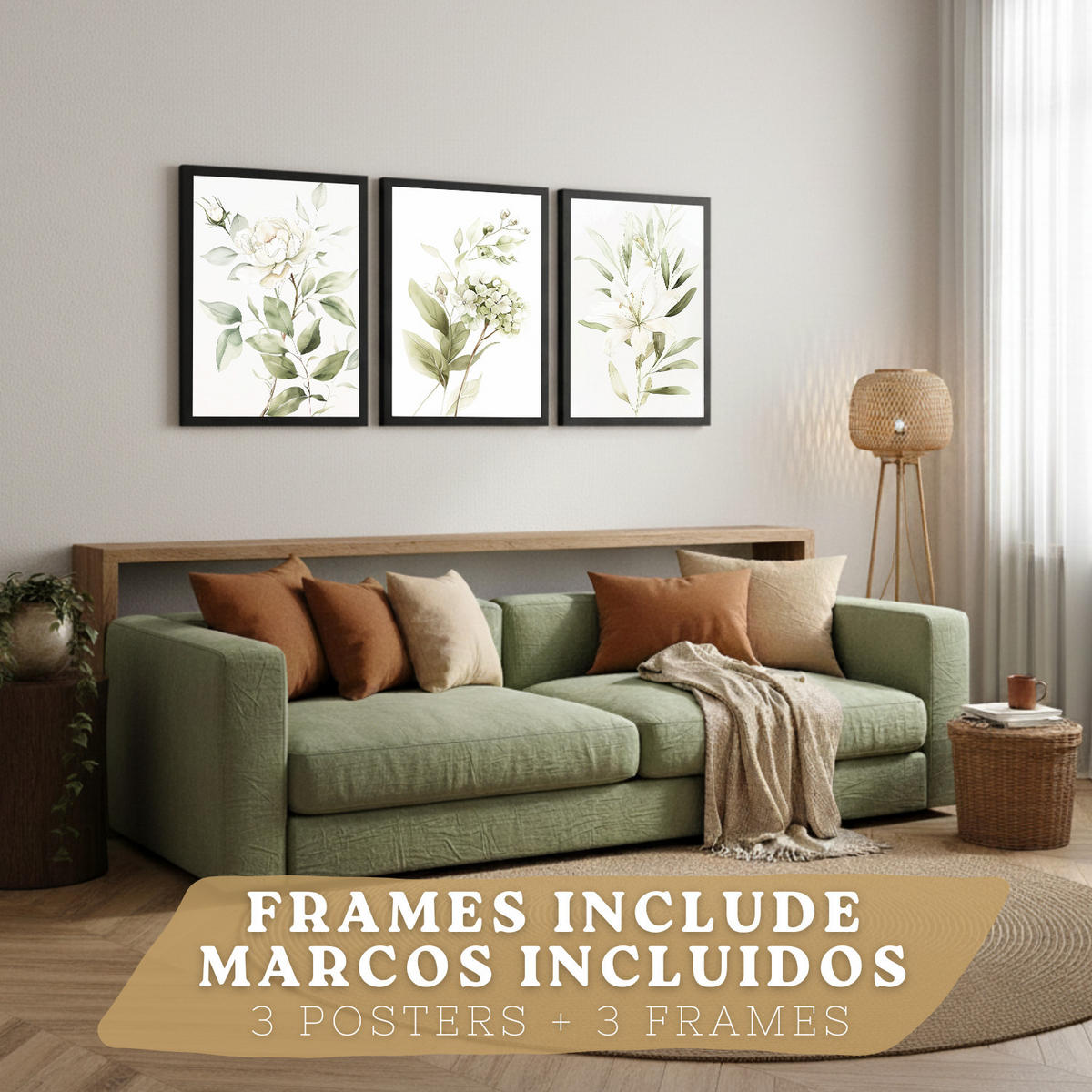 PLAKAT Sada 3 botanických tisků Zelenobílé květy. Akvarelové plakáty rostlin v jemných zelených tónech Obrázky. Černý rám velikosti A3 - černá, papír (29.7/42/3cm) - Nacnic