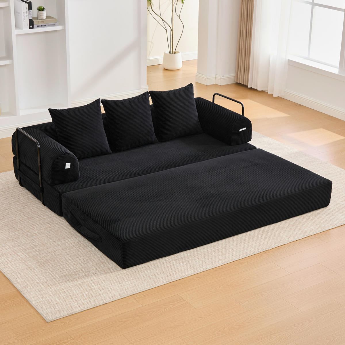 SOFA 200/94/67 cm aus Cord mit Metallrahmen und Seitentasche Schwarz - Schwarz, Textil (94/67/200cm) - Modenvie