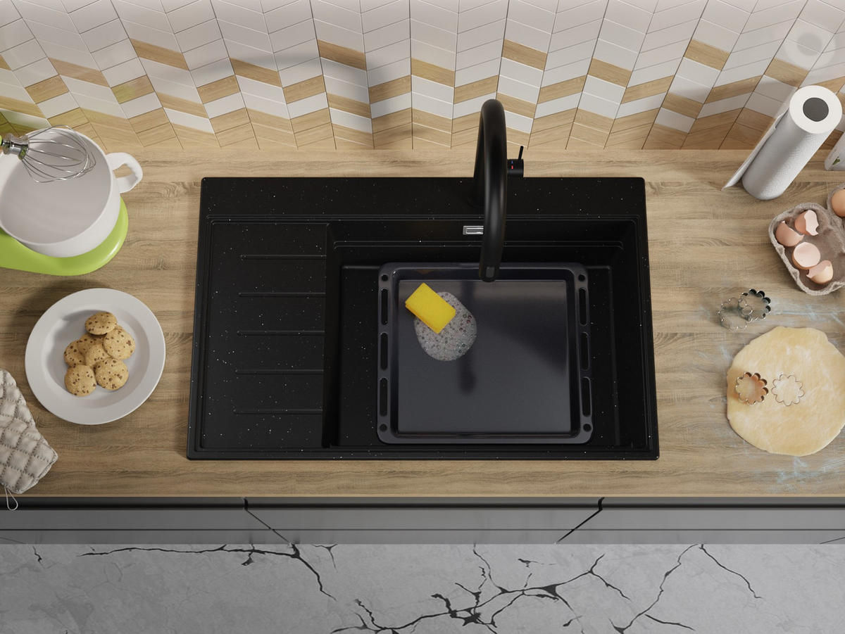 SPÜLBECKEN Sydney, 2-er set Schwarz Metallic 78/50 cm 1 Becken + Ablauf-Set + Küchenzubehörset ab 60er Unterschrank - Chromfarben/Schwarz Hochglanz, Kunststoff (78/20/50cm) - Primagran