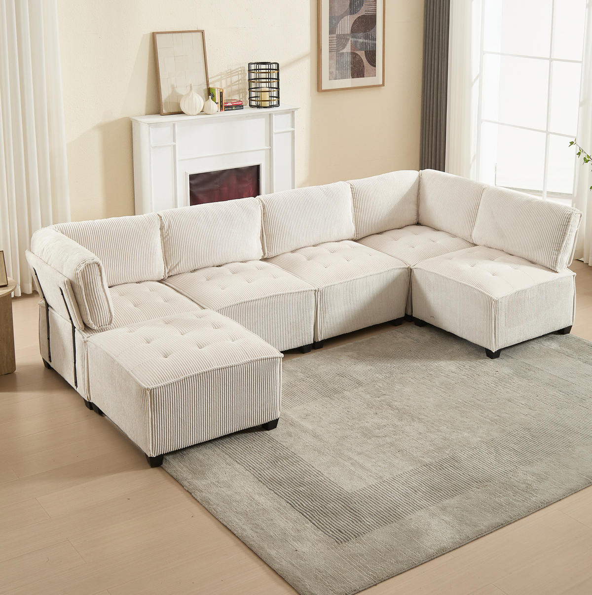 MODULARES 6-Sitzer Sofa Cord U-/L-Form und Eckschlafsofa Beige 308/154/82 cm - Beige, Textil (154/308cm) - Redom