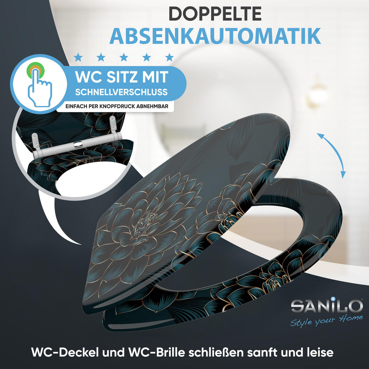 WC-SITZ mit Absenkautomatik & Top Fix Dahlien - Blau, Holzwerkstoff (37.7/5.5/48cm) - Sanilo