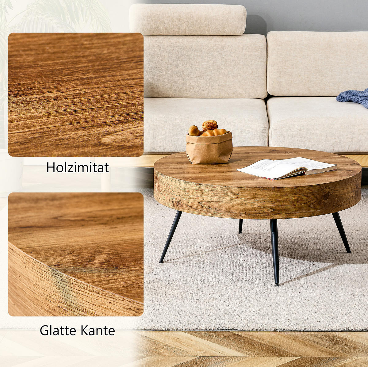 COUCHTISCH 70/70/35,5 cm mit runder MDF-Tischplatte in Holzoptik und stabilen Metallbeinen, Schwarz/Holzoptik - Schwarz, Holzwerkstoff (70/70/35.5cm) - Redom
