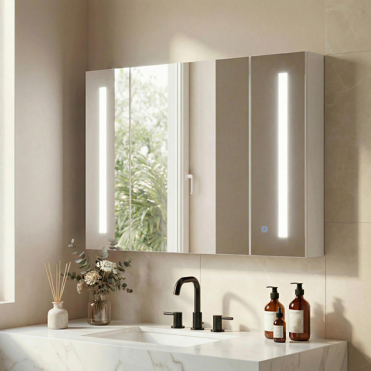 BADEZIMMER-SPIEGELSCHRANK mit 3 Schränken, 3 Ablagen und LED-Beleuchtung, 90 x 15 x 65 cm ,Weiß - Weiß, Glas (90/65/15cm) - Vallsero