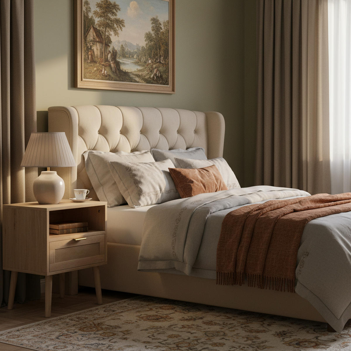 NACHTTISCH Eiche 45 cm – Boho Nachtkonsole mit Rattan & offenem Fach - Eichefarben, Holzwerkstoff (45/55/40cm) - Urban Meuble