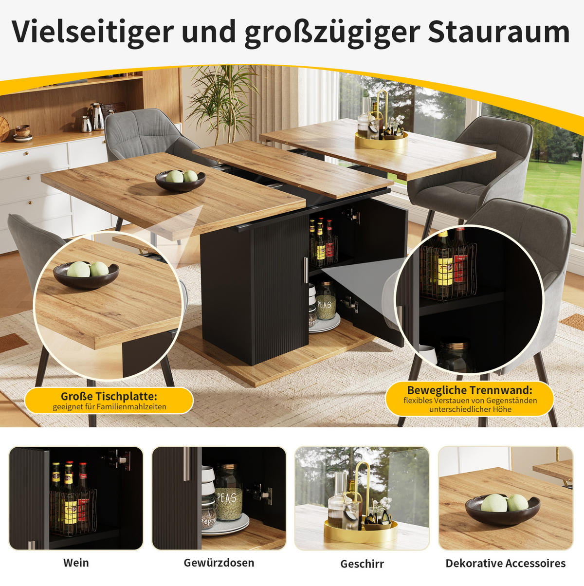 AUSZIEHBARER Esstisch aus MDF mit Stauraum, 110–140/70/76 cm, Schwarz - Schwarz, Holzwerkstoff (140/70/76cm) - Redom
