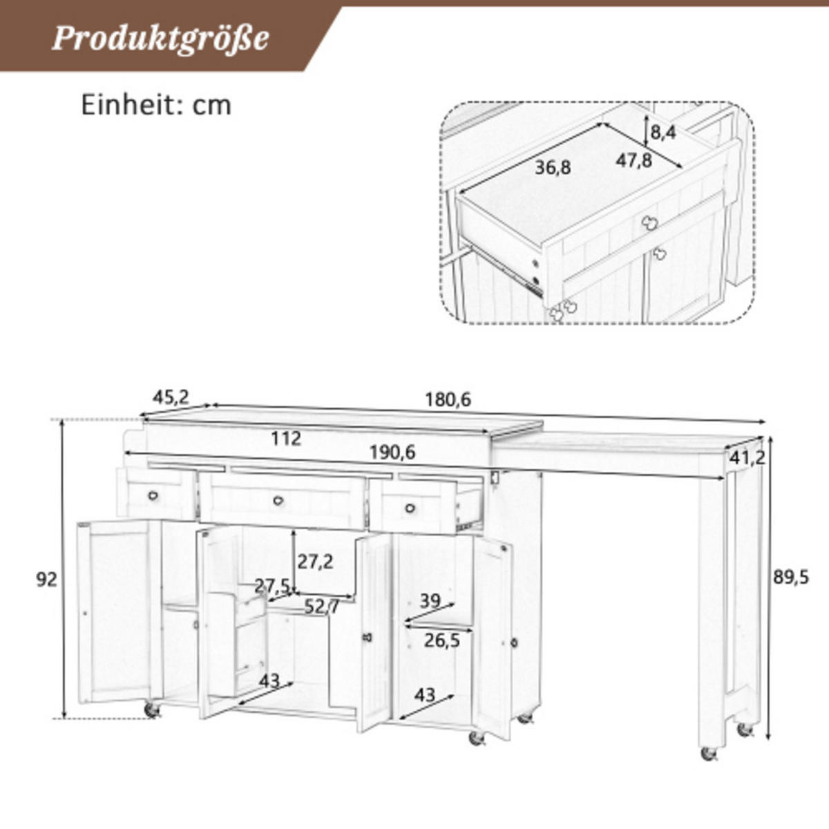 KÜCHENINSEL mit seitlich ausziehbarer Arbeitsplatte weiß-natur 137-190,6×45,2×92 cm aus MDF - Weiß, Holzwerkstoff (190.6/92/45.2cm) - Luhomfu