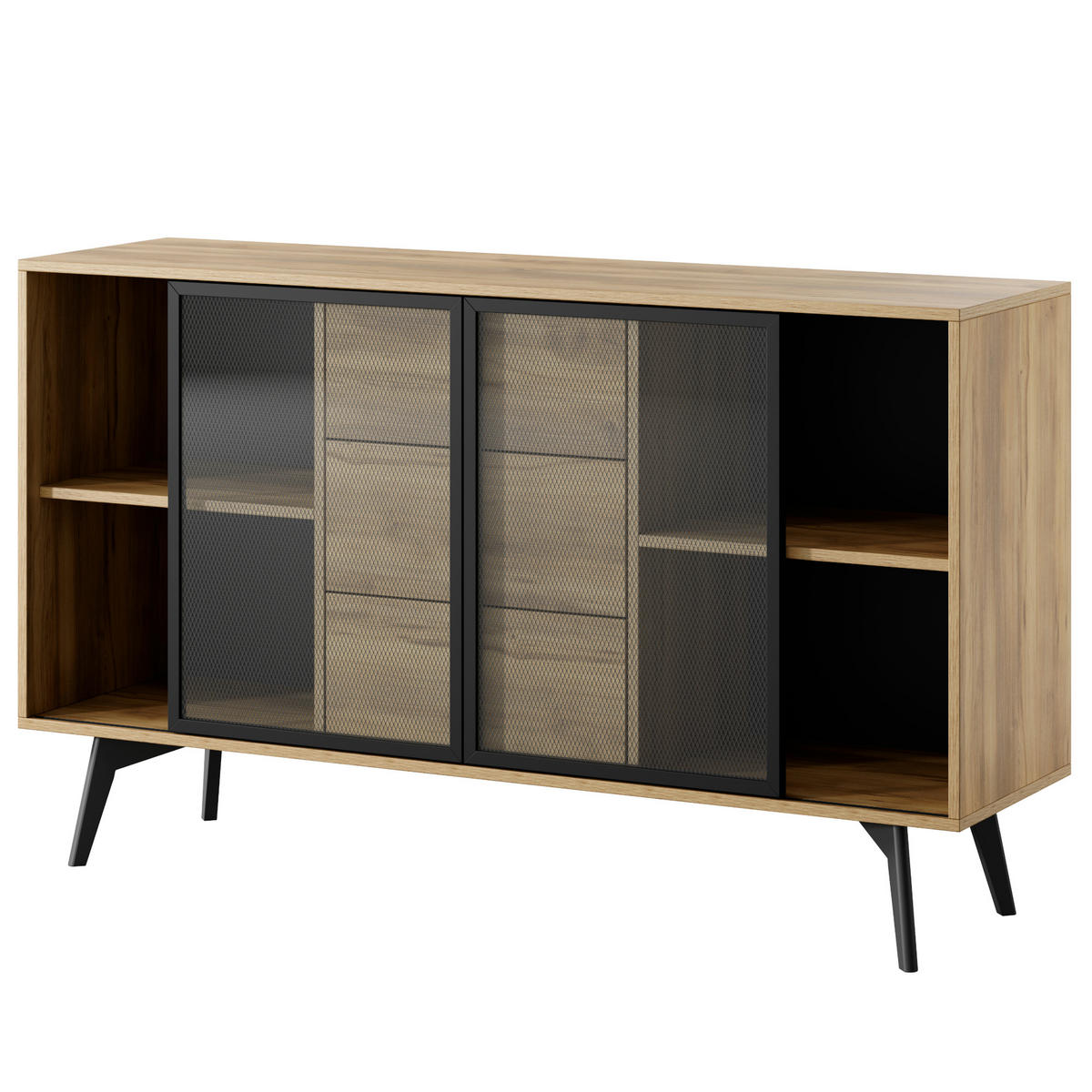 SIDEBOARD ESTEVAN KOM1 Schiebetüren aus Glas Eiche Gold Eiche Gold - Eichefarben/Honig, Holz/Holzwerkstoff (144/85/39cm) - Komodee