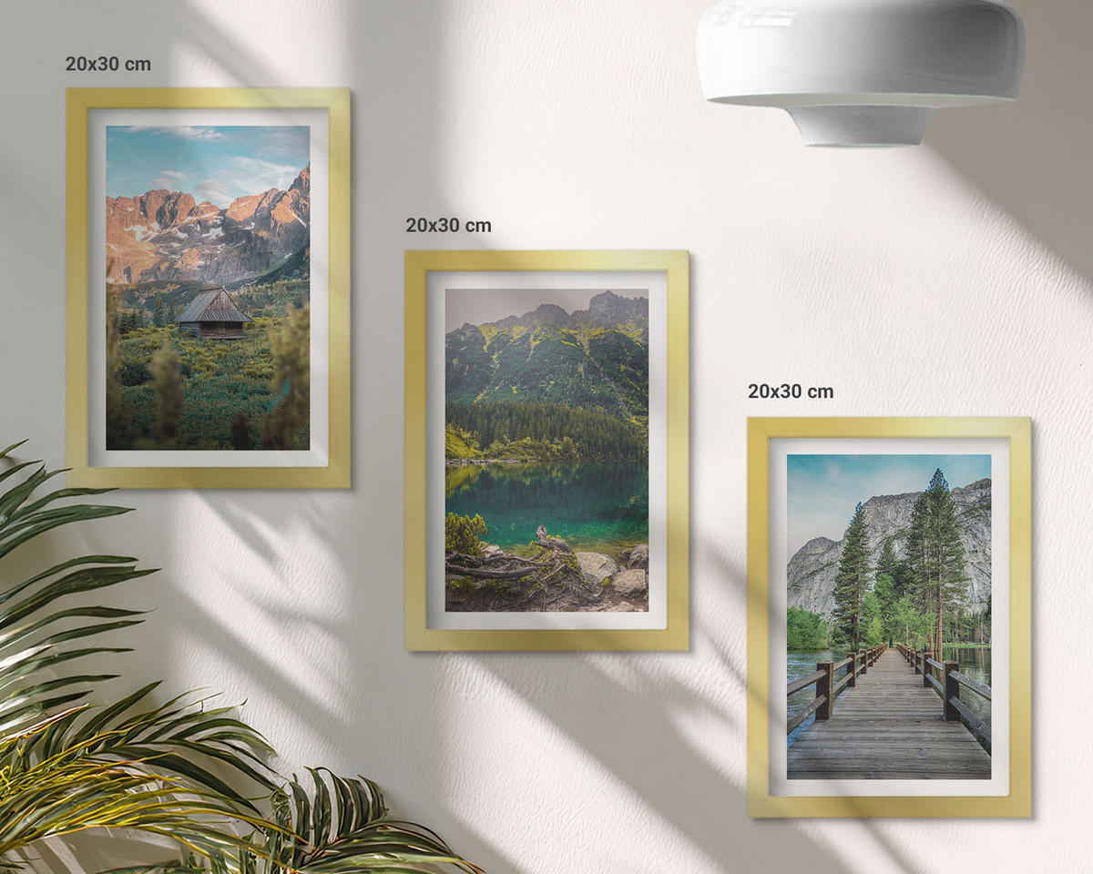 WANDBILDER 3er Set - 20x30 cm Goldrahmen - Berglandschaft See Brücke - Goldfarben, Kunststoff (20/30cm) - ArtPrintCave