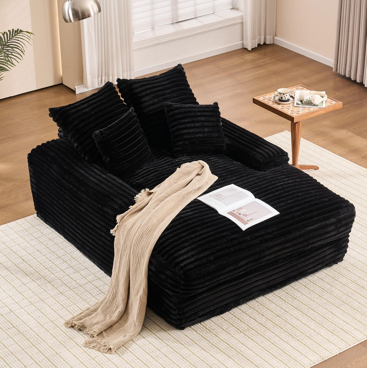 RELAXLIEGE Cordstoff mit Memory-Schaum und 4 Kissen 137/175/63 cm Schwarz - Schwarz, Textil (137/63/175cm) - Redom