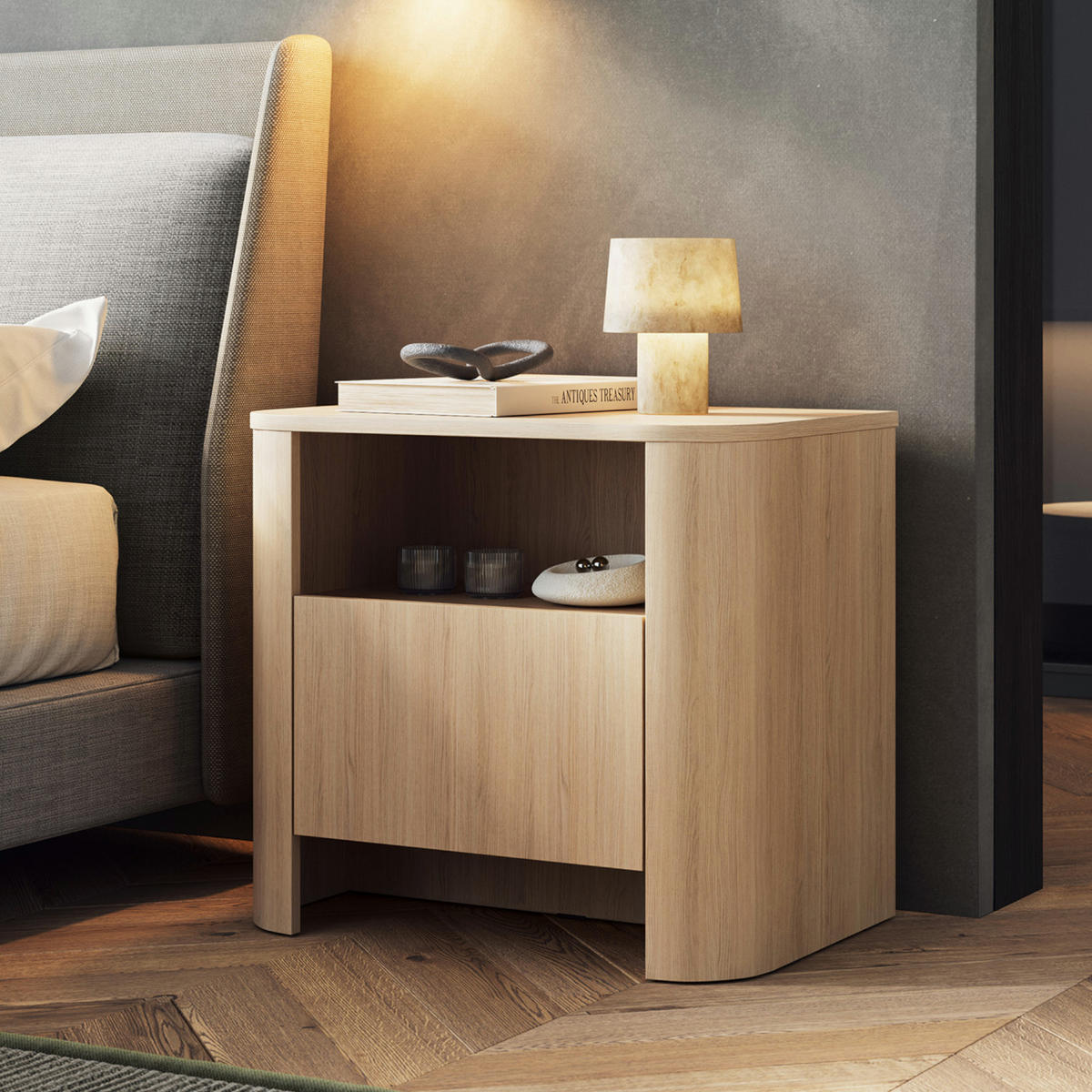 NACHTTISCH AMOS STO1-1S Abgerundeter Korpus, Eiche - Eichefarben, Holzwerkstoff/Kunststoff (58/52/39cm) - Komodee