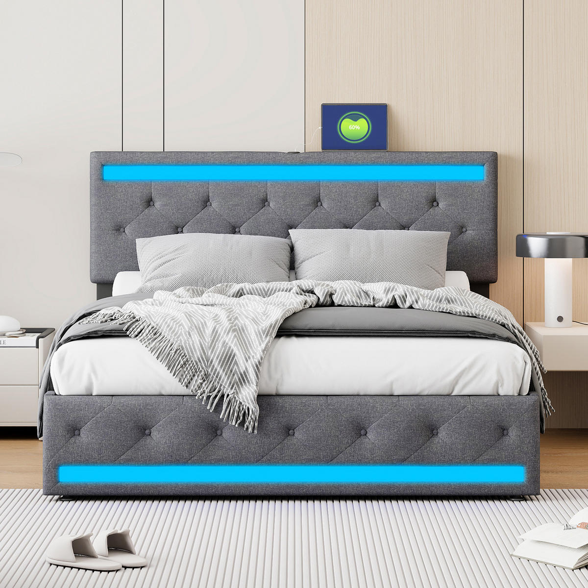 POLSTERBETT 140x200 cm, Grau, LED-Beleuchtung und USB-Steckdose - Grau, Textil/Metall (140/200cm)