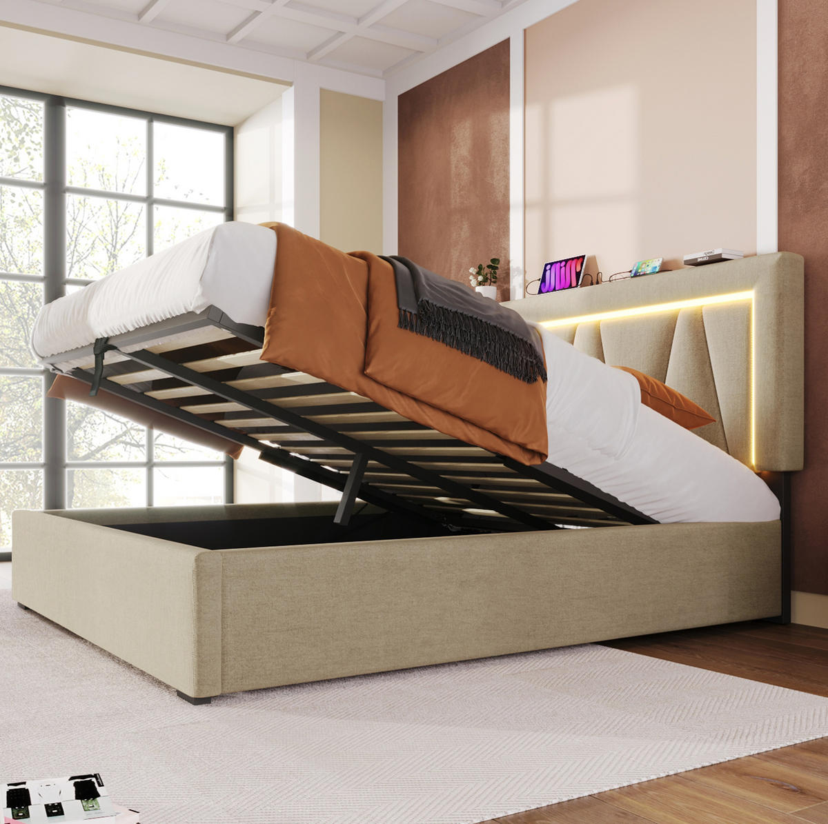 POLSTERBETT mit Stauraum, USB und LED 140x200 cm Beige inkl. Matratze - Beige, Metall (140/200cm) - Meubliv