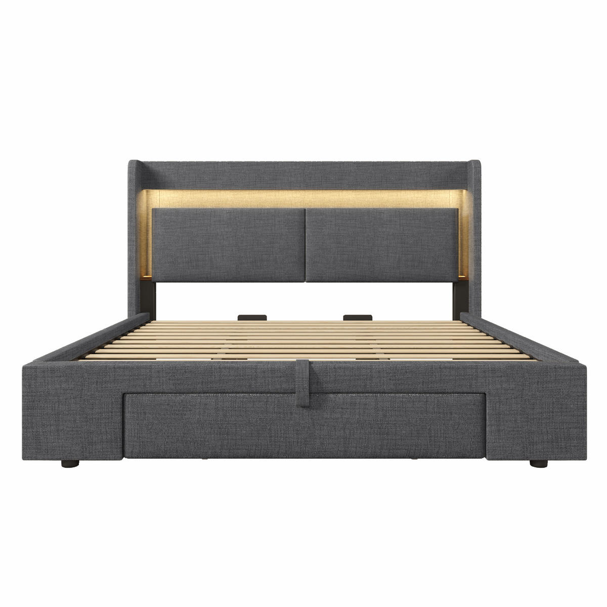 POLSTERBETT 180/200 cm mit LED, USB & USB-C, hydraulischem Stauraum und Kopfteil mit Ablage, Grau - Grau, Textil (180/200cm) - Redom