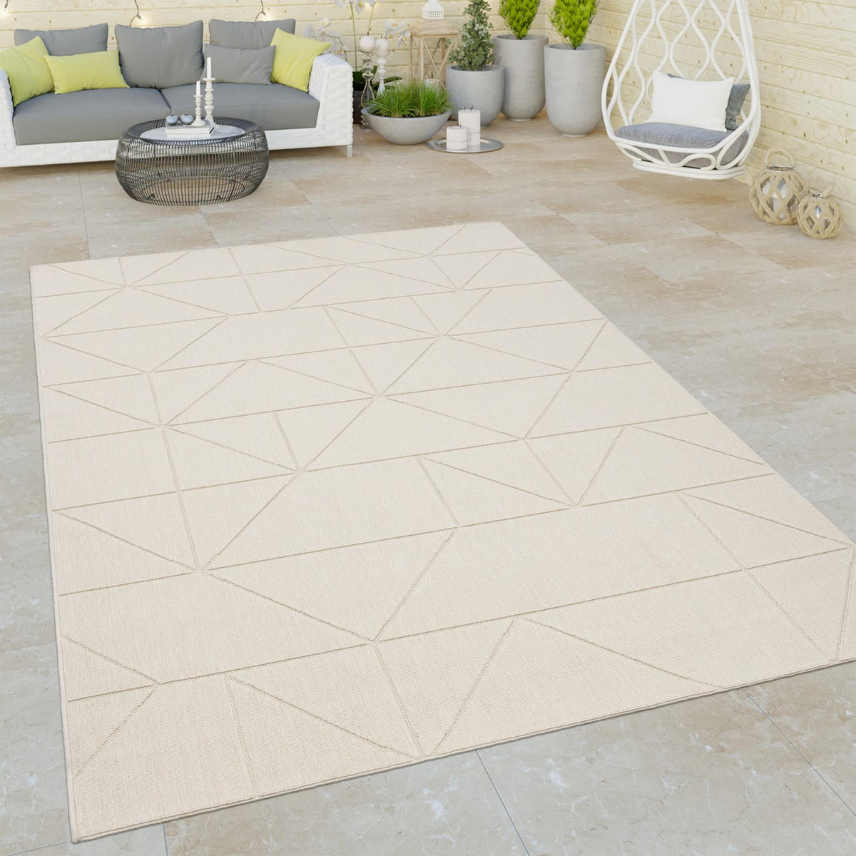TEPPICH Outdoor Unifarben Geometrisch Balkon, Terrasse schmutzabweisend Creme Rechteckig 120x170 - Creme, Textil (120/170cm) - KADIMA DESIGN