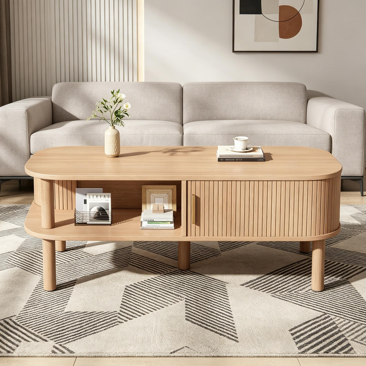 COUCHTISCH in Naturfarben mit Rolltor und offenen Fächern für Wohnzimmer, B110/T55/H45 cm - Naturfarben, Holzwerkstoff (55/110/45cm) - STILVORA