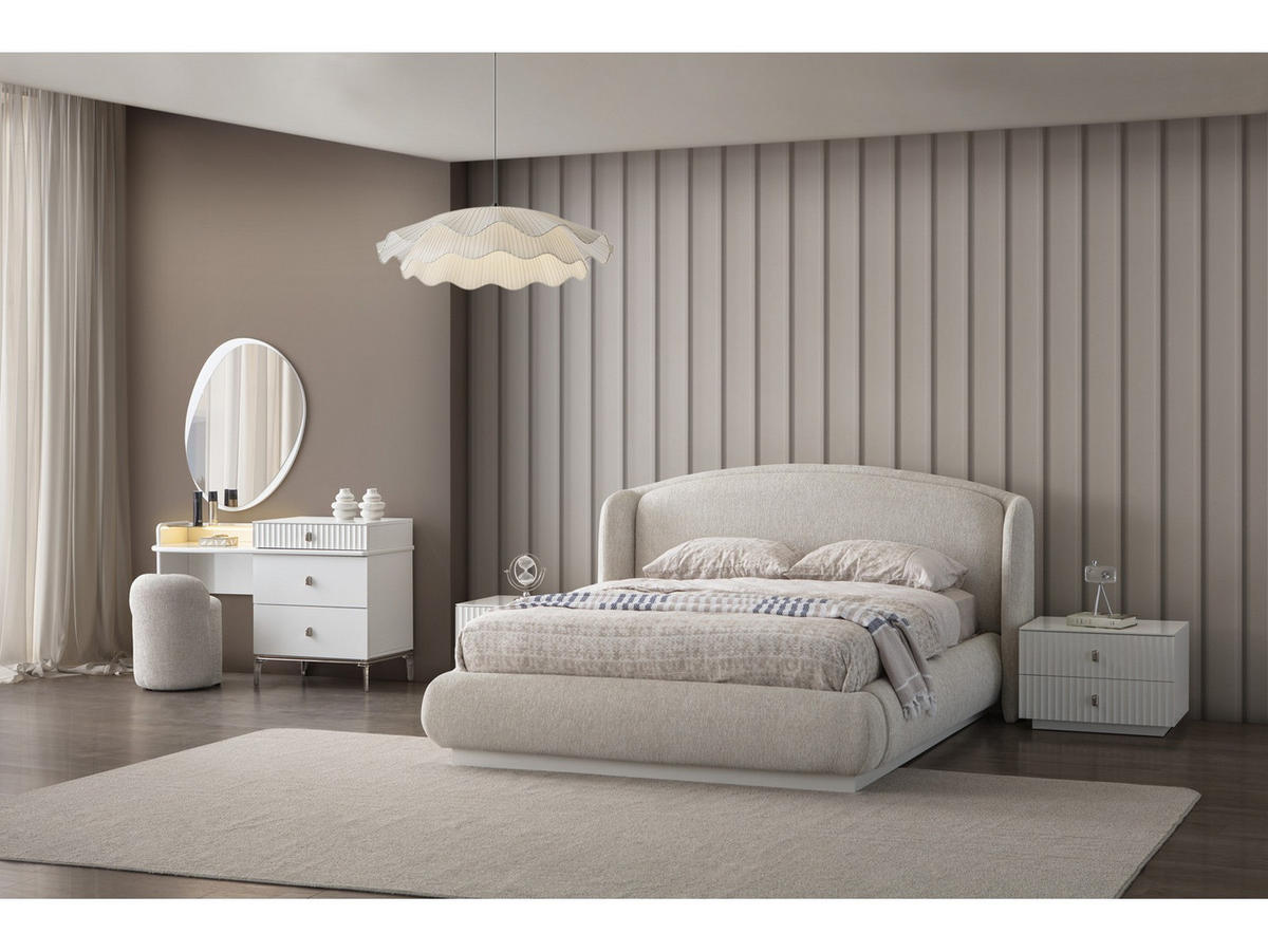 BETTANLAGE BRONZ Schlafzimmer-Set, 5-teilig, Beige, Bett mit Kopfteil, 2 Nachttische, Kleiderschrank und Kommode - Beige, Leder/Holzwerkstoff (160/200cm) - Villa Möbel