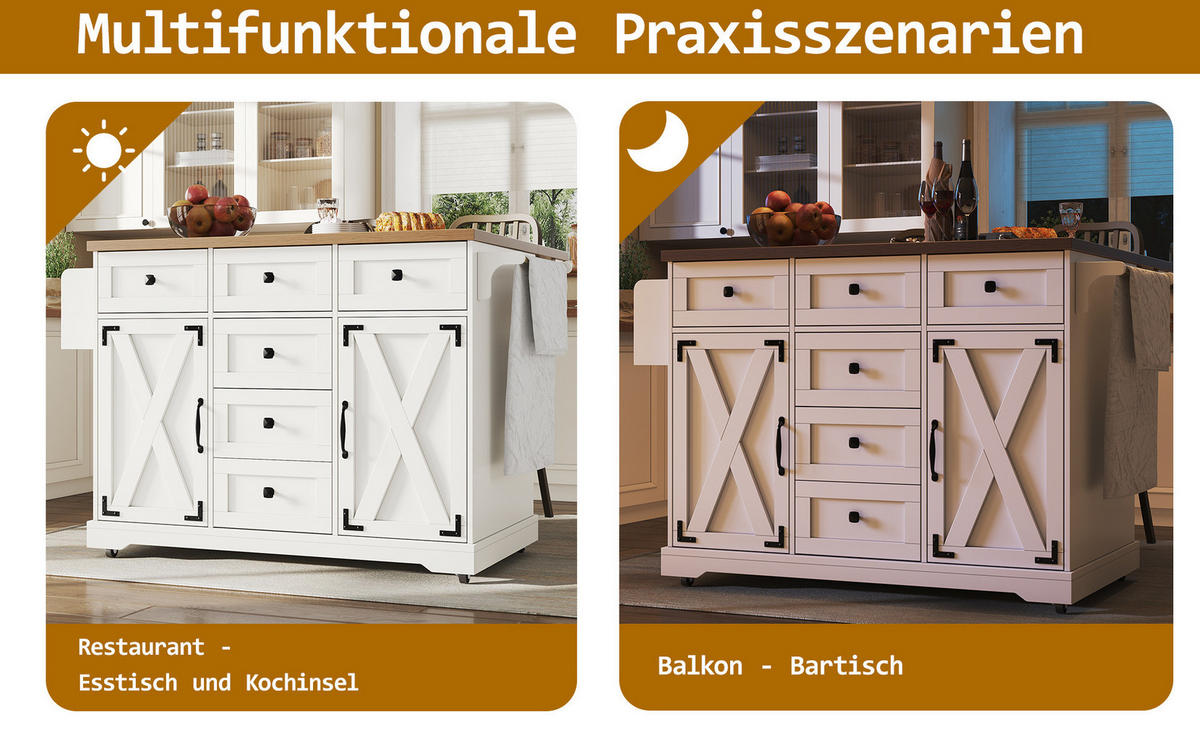 KÜCHENINSEL 147/93/44 cm Weiß aus MDF und Metall mit Klappfunktion - Weiß, Holzwerkstoff (44/93/147cm) - OKMYHOME