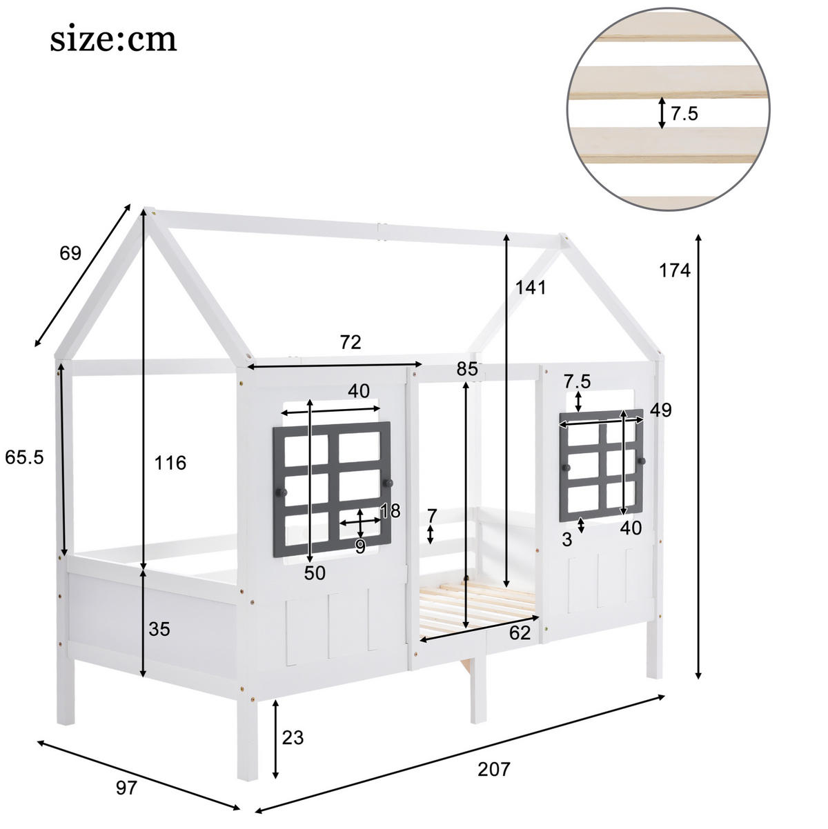 HAUSBETT 200/90 cm Weiß mit Fenstern ohne Matratze - Weiß, Holz (90/200cm) - MIVRAY
