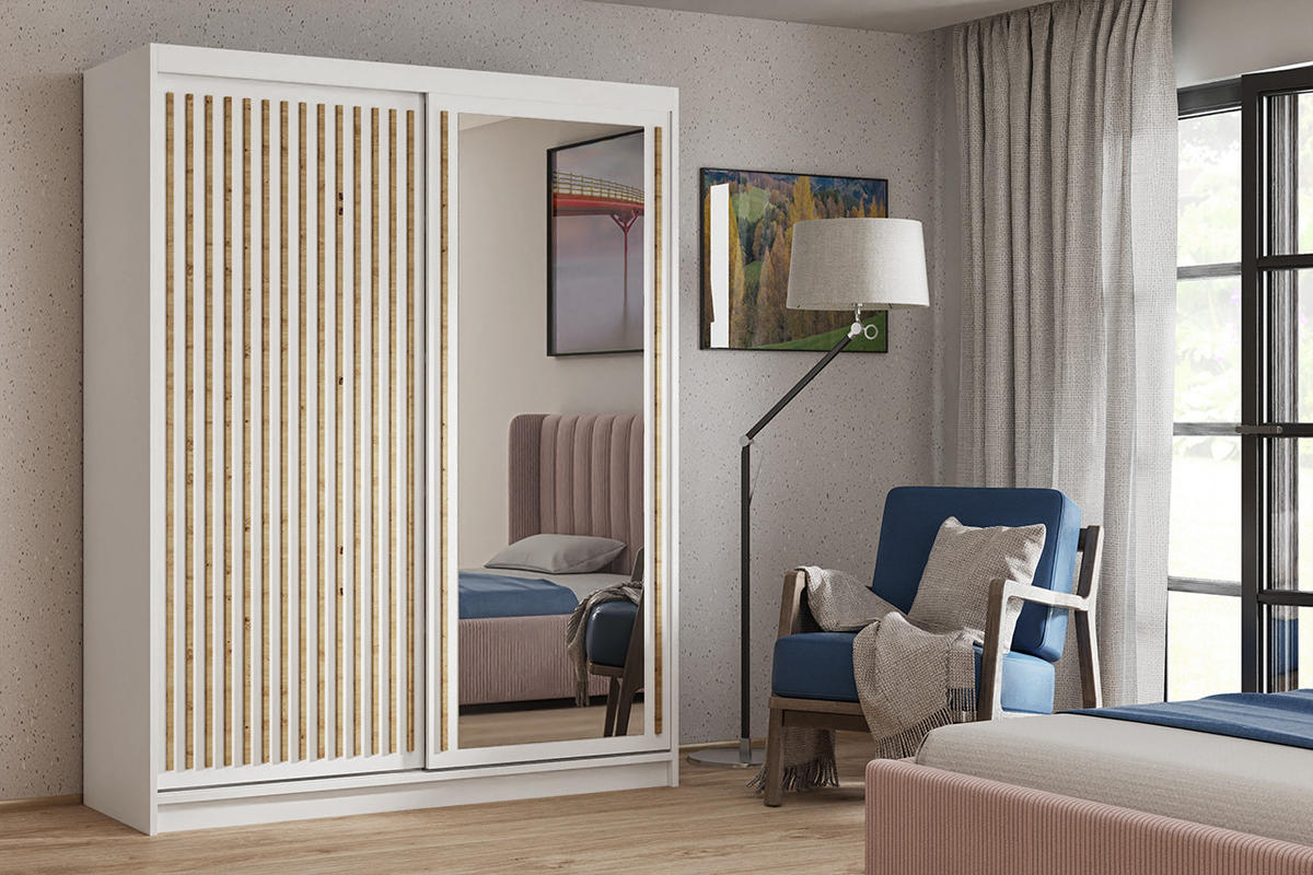 SCHWEBETÜRENSCHRANK Dora 100 cm mit Lamellen und Spiegel 2-türig, weiß, Lamelle artisan - Weiß/Eiche Artisan, Kunststoff (100/205/60cm) - Margaret Hadas24