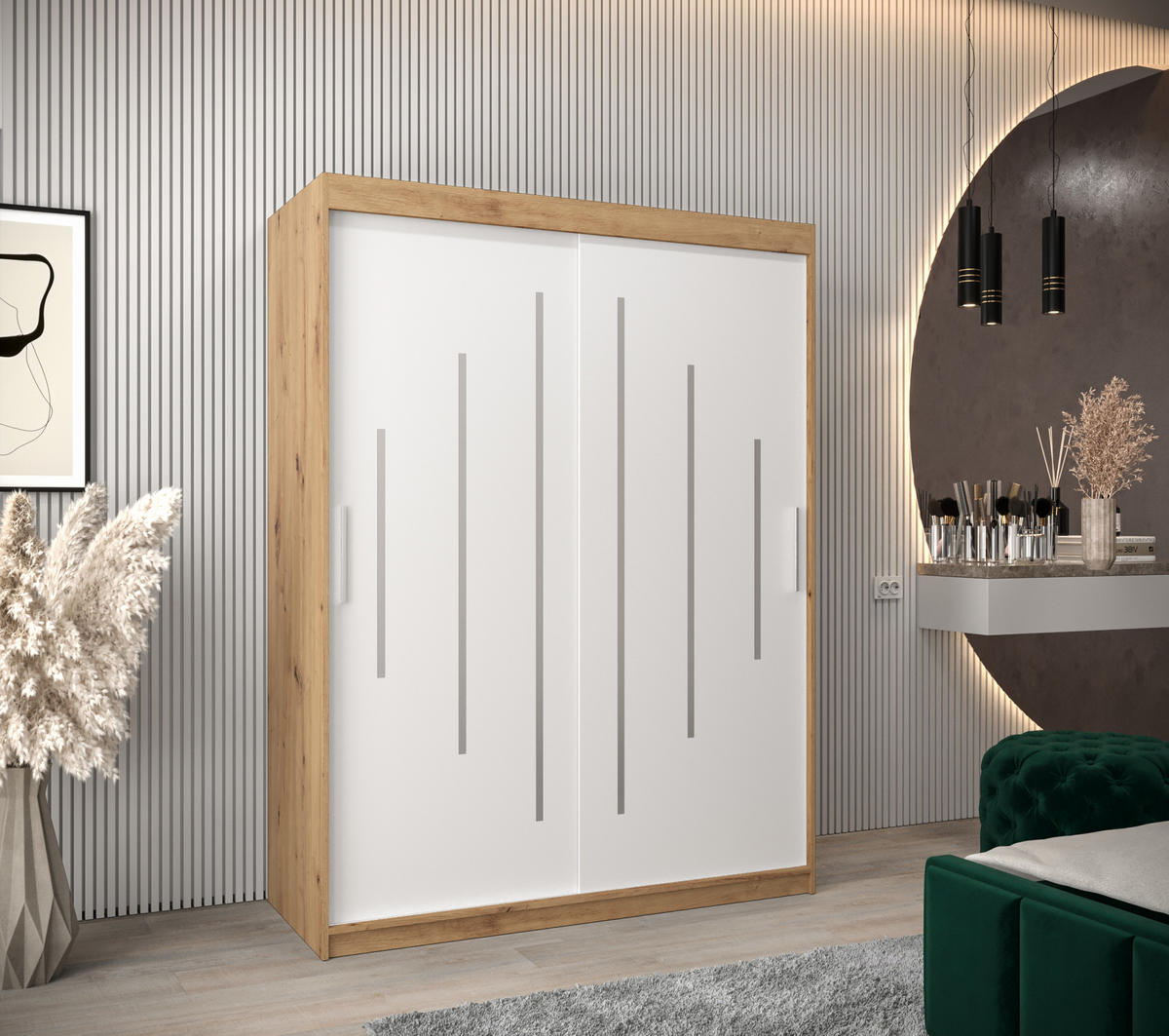SCHWEBETÜRENSCHRANK 200/150/62 2-türig - Silberfarben/Weiß, Holz/Kunststoff (150/200/62cm) - Abiks Möbel