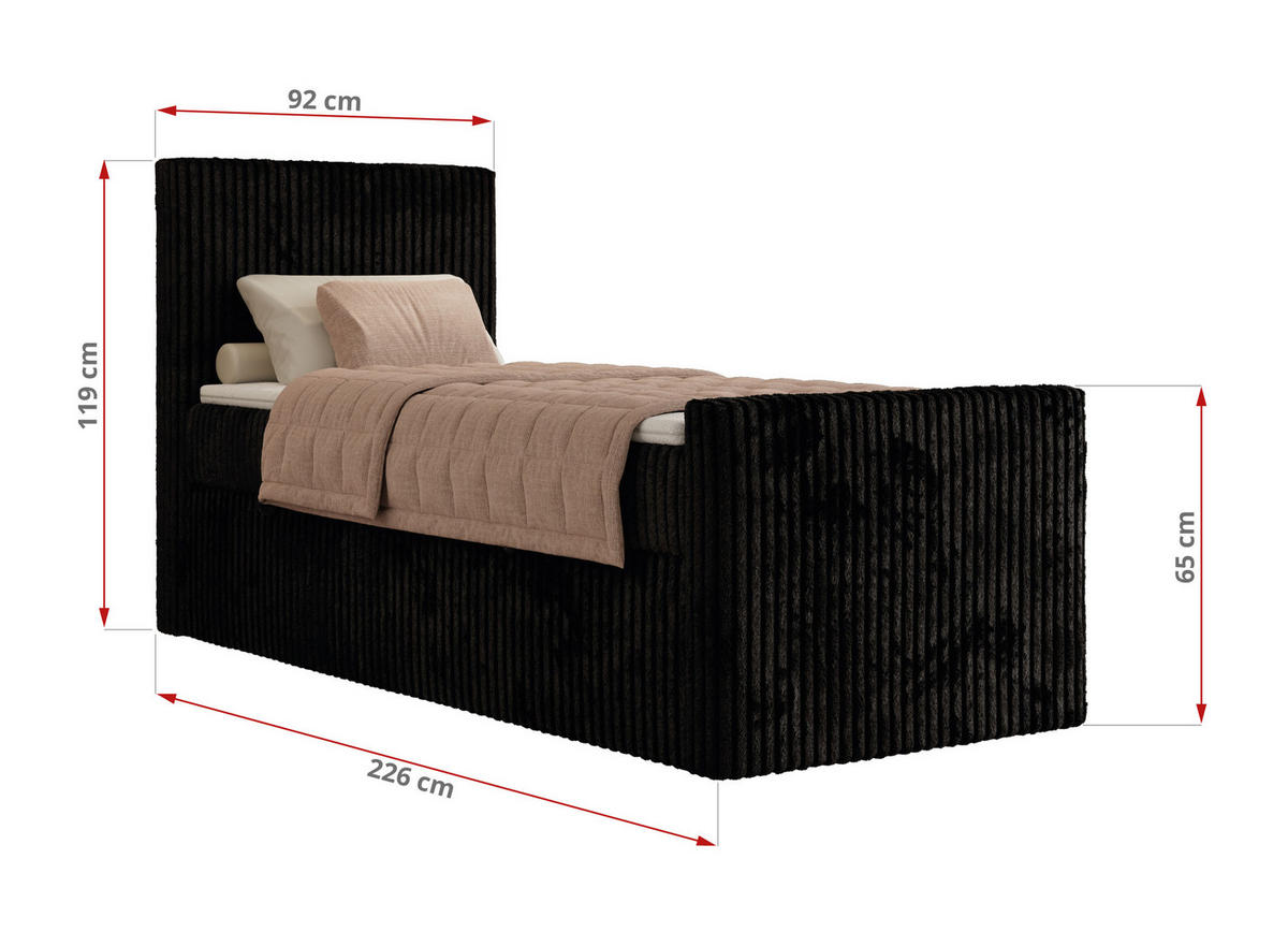 BOXBETT TILIANO DUO 90/200 - Schwarz Cord - H4 - Topper Visco - Rechts Seite - Schwarz, Textil (90/200cm) - MKS