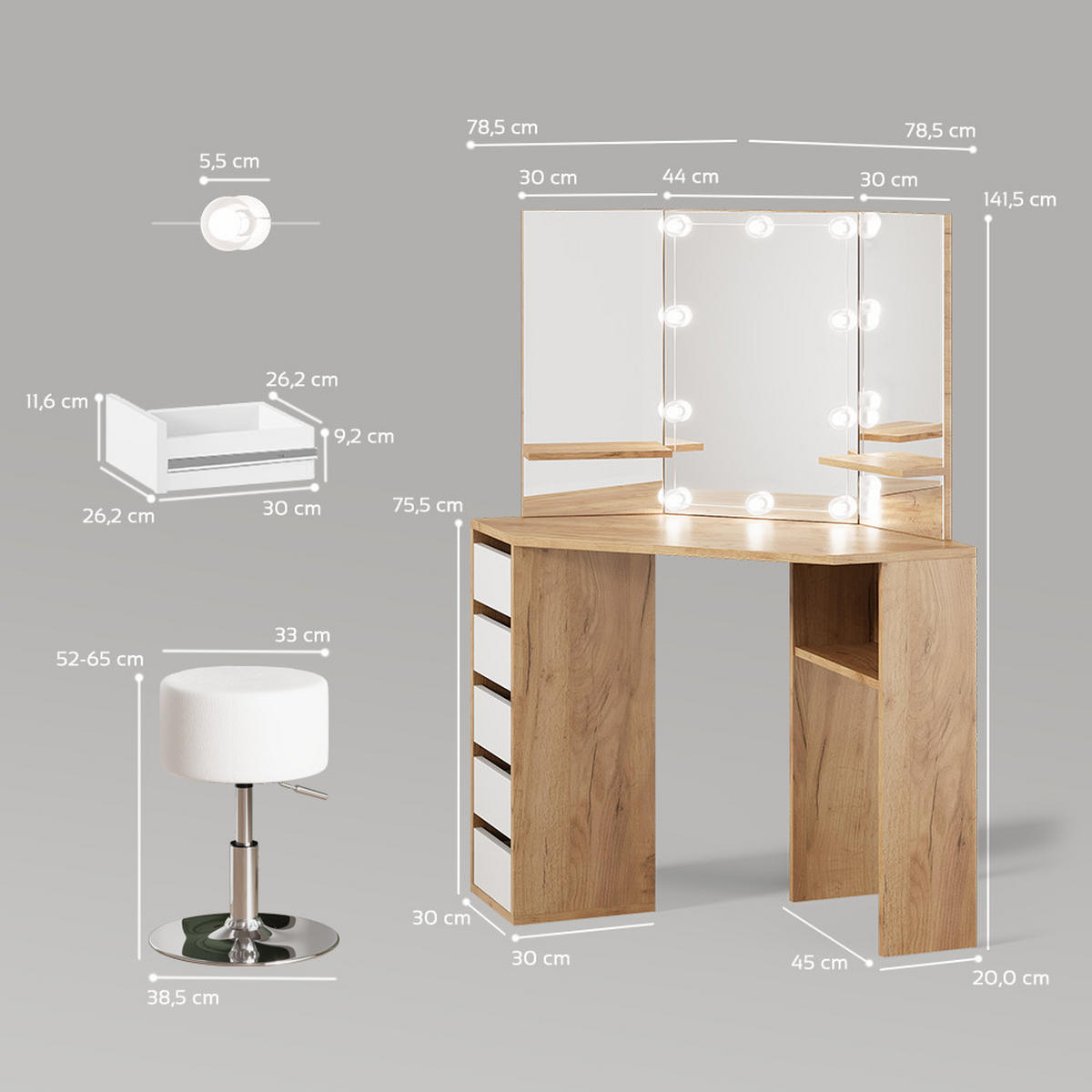 ECKSCHMINKTISCH Enna Goldkraft Eiche 110 cm mit LED Beleuchtung und Hocker - Honigeiche, Holzwerkstoff (110/141.5/54cm) - Livinity®