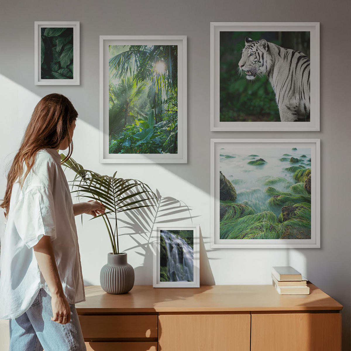 WANDBILDER 5er-Set - 50x50 cm & 20x30 cm & 40x60 cm Weißer Rahmen - Blätter und Blüten in verschiedenen Farben - Weiß, Kunststoff (40/60cm) - ArtPrintCave
