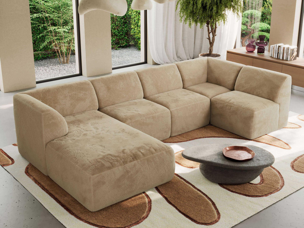 WOHNLANDSCHAFT MODARO U 6M - Beige Plüsch - Links - Beige/Schwarz, Textil (180/78/345cm) - MKS