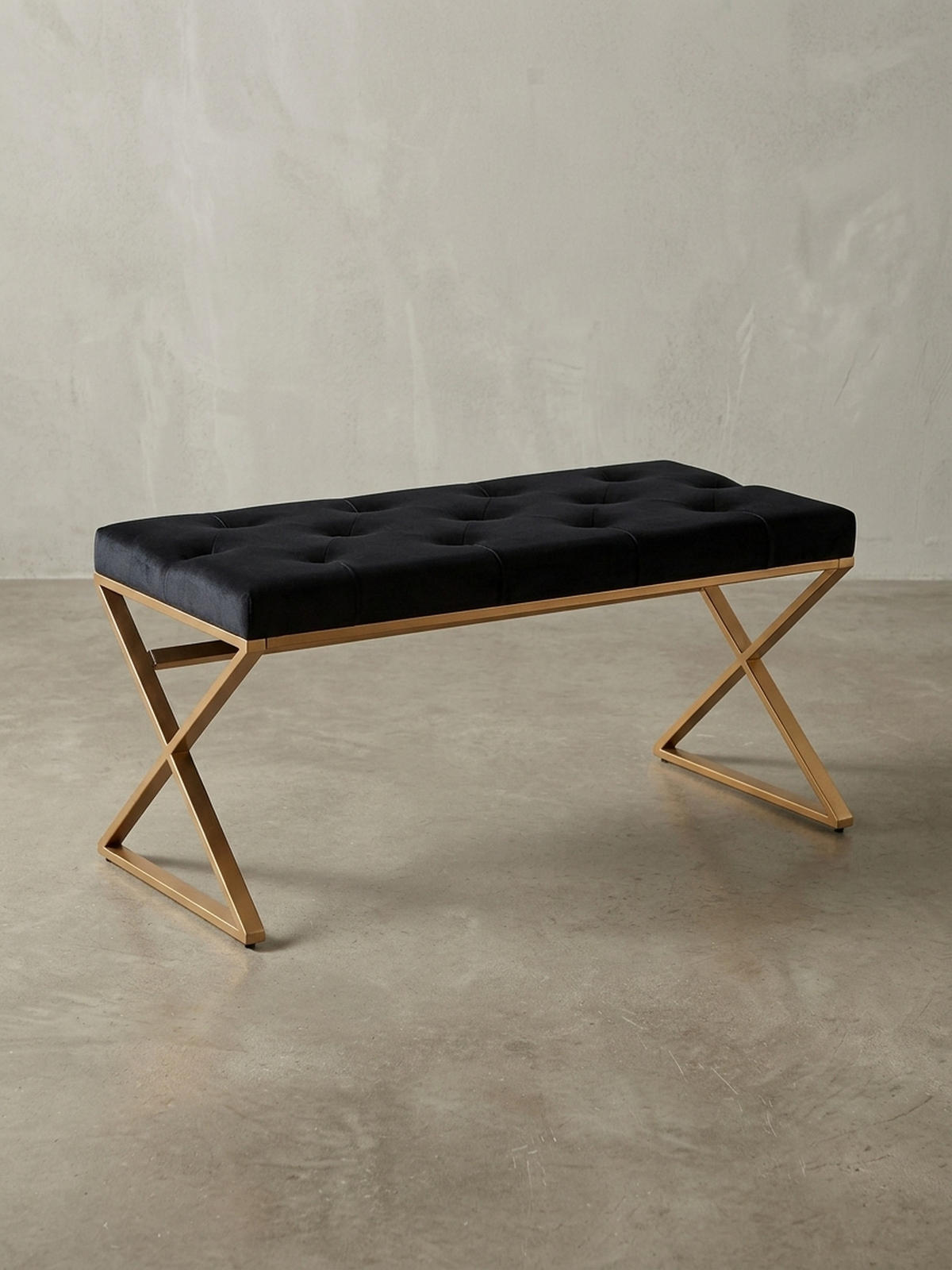 SITZBANK – Samt, Schwarz, Chesterfield-Stil, Metallgestell Gold - Goldfarben/Schwarz, Textil/Metall (90/46/44cm) - KADIMA DESIGN