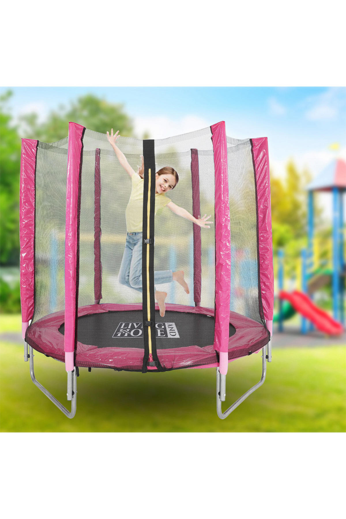 TRAMPOLIN aus Stahl, PP, EPE, Federn in Rosa + Schwarz mit Sicherheitsnetz für Kinder 150 cm Durchmesser x 160 cm Höhe - Pink, Metall (150/150/160cm) - Livingandhome