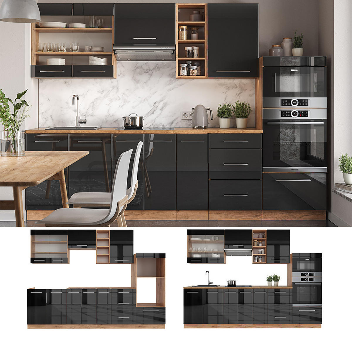 KÜCHENZEILE Fame-Line Anthrazit Hochglanz/Goldkraft Eiche 280 cm AP Anthrazit - Honigeiche/Anthrazit, Holzwerkstoff (280/81.6/60cm) - Vicco