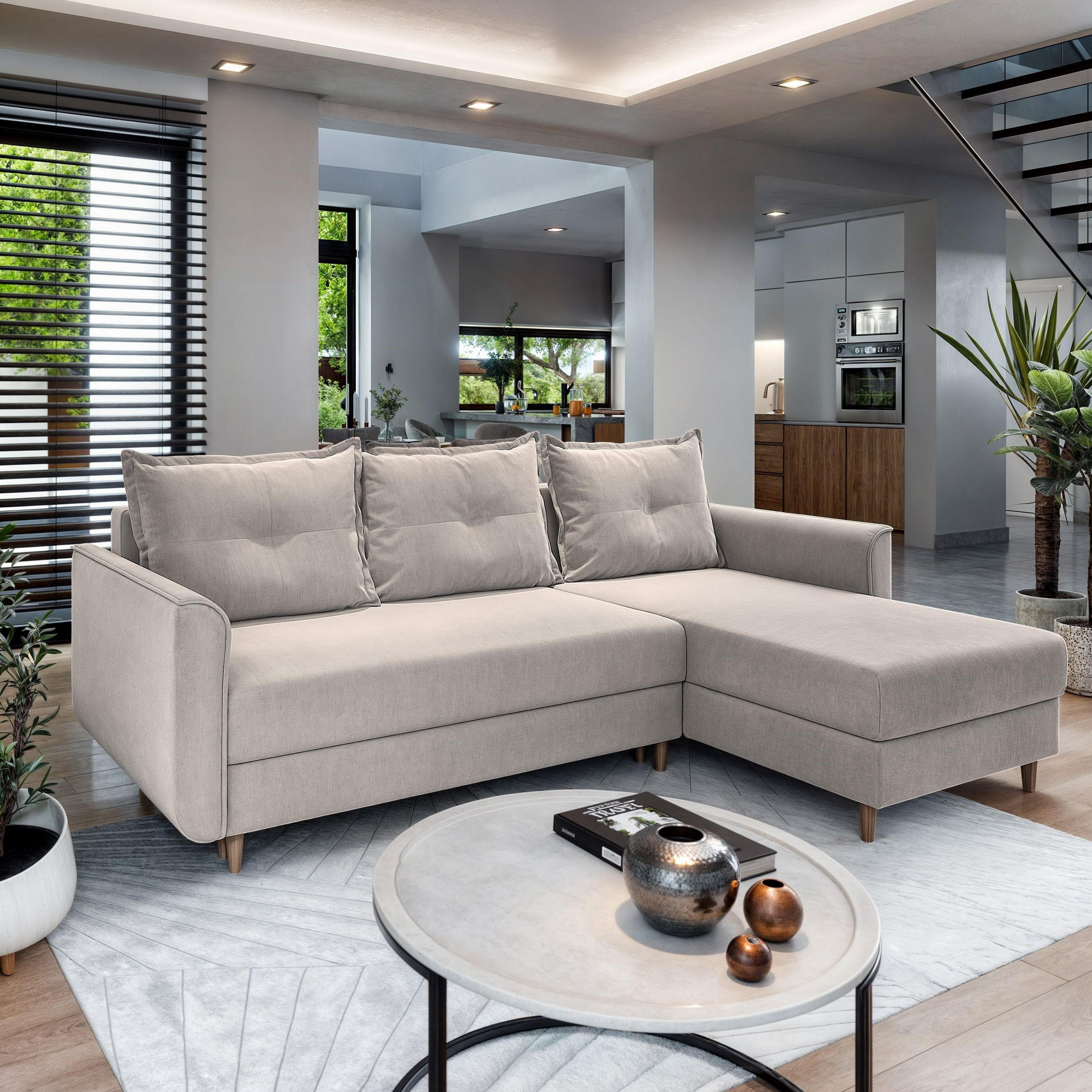 ECKSOFA PISAN R-S Beige Plüsch-Stoff mit Schlaffunktion - Beige, Holz (220/140cm) - MASSENO