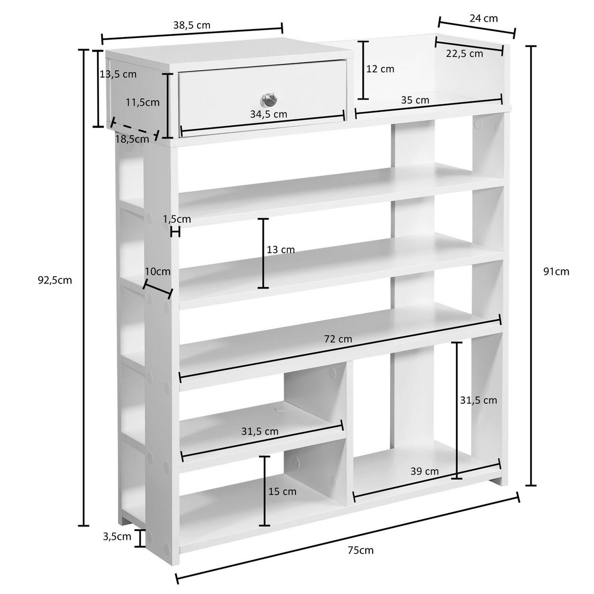 SCHUHREGAL – Weiß, 75x92,5x24 cm, 7 Fächer, mit Schublade, kompakt - Weiß, Holz/Metall (75/93/24cm) - KADIMA DESIGN