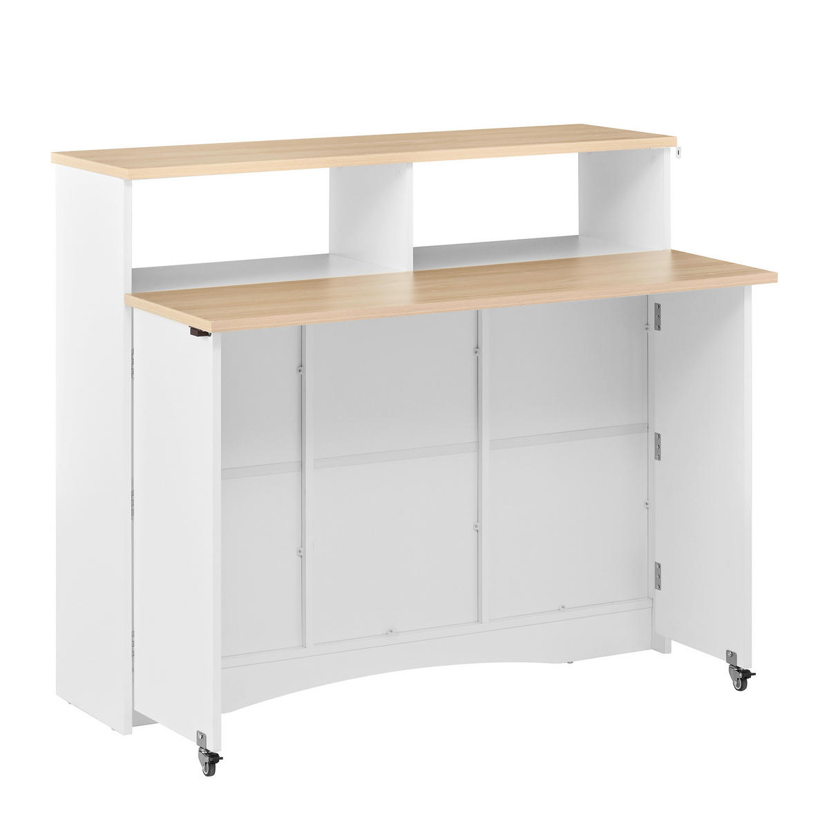 KÜCHENINSEL 110/34-68/97,5 cm Weiß mit Klapptisch, Stauraum, Rollen und 2 Hockern - Weiß, Holz/Holzwerkstoff (110/97.5/34cm) - Oxeza
