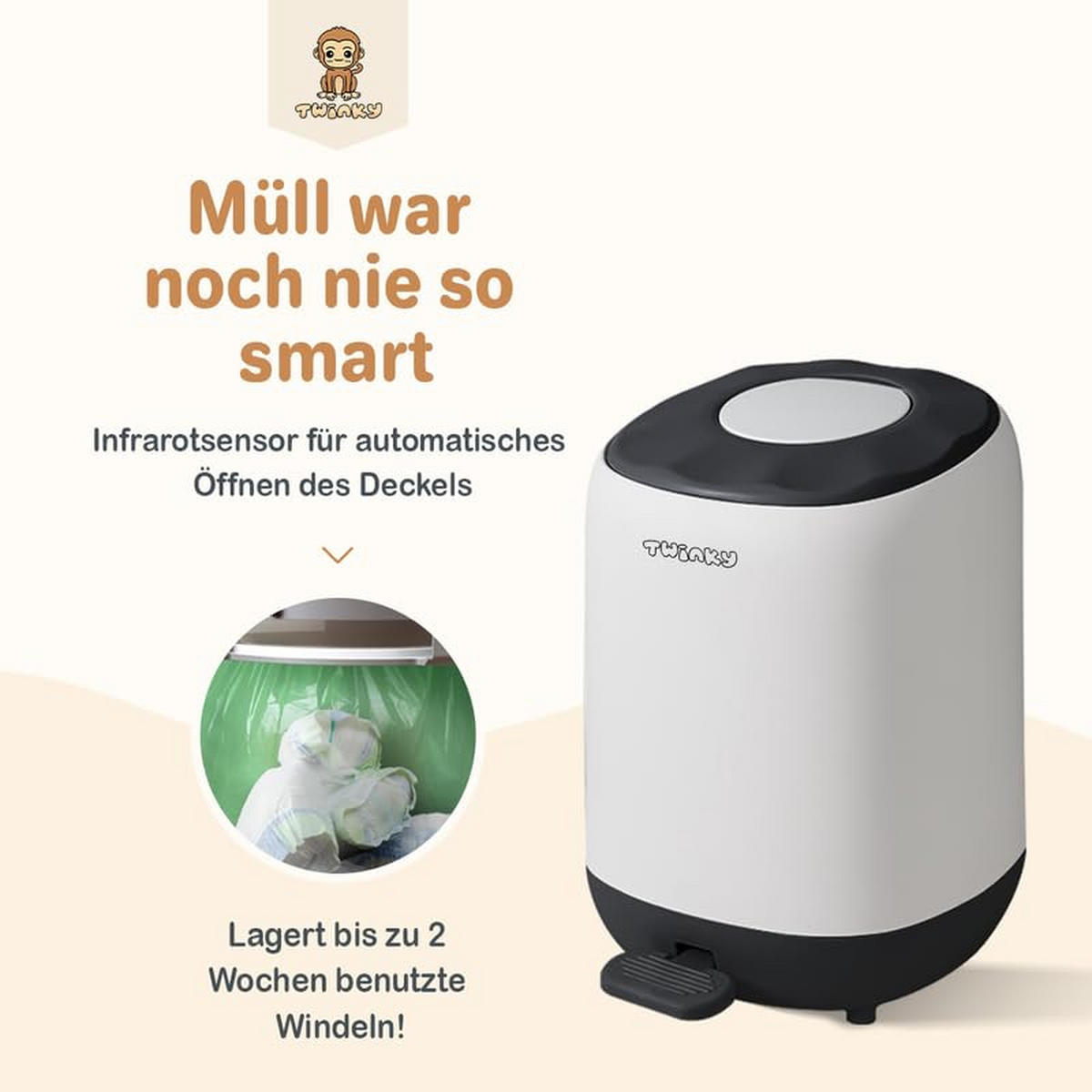 WINDELEIMER Geruchsdicht ohne Kassette weiß und schwarz - Schwarz/Weiß, Kunststoff (24/41/20cm) - Twinky