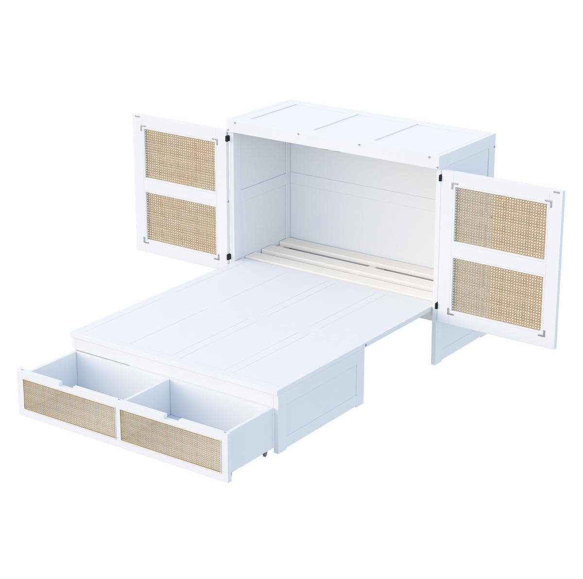 SCHRANKBETT aus Kiefer, Sperrholz und MDF 140x200 cm Weiß mit Lattenrost, Schubladen und Rattan-Design - Weiß, Holzwerkstoff (140/200cm) - Modfu