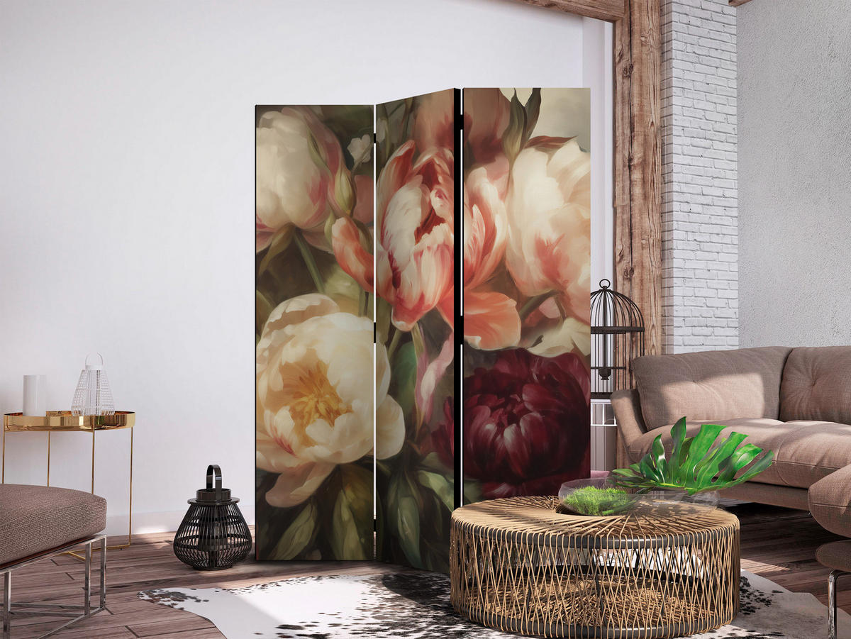 PARAVENT Akustik 3-tlg 135x172 cm Bl hende Pfingstrosen - Multicolor, Holz/Textil (135/172/3cm) - Muralo