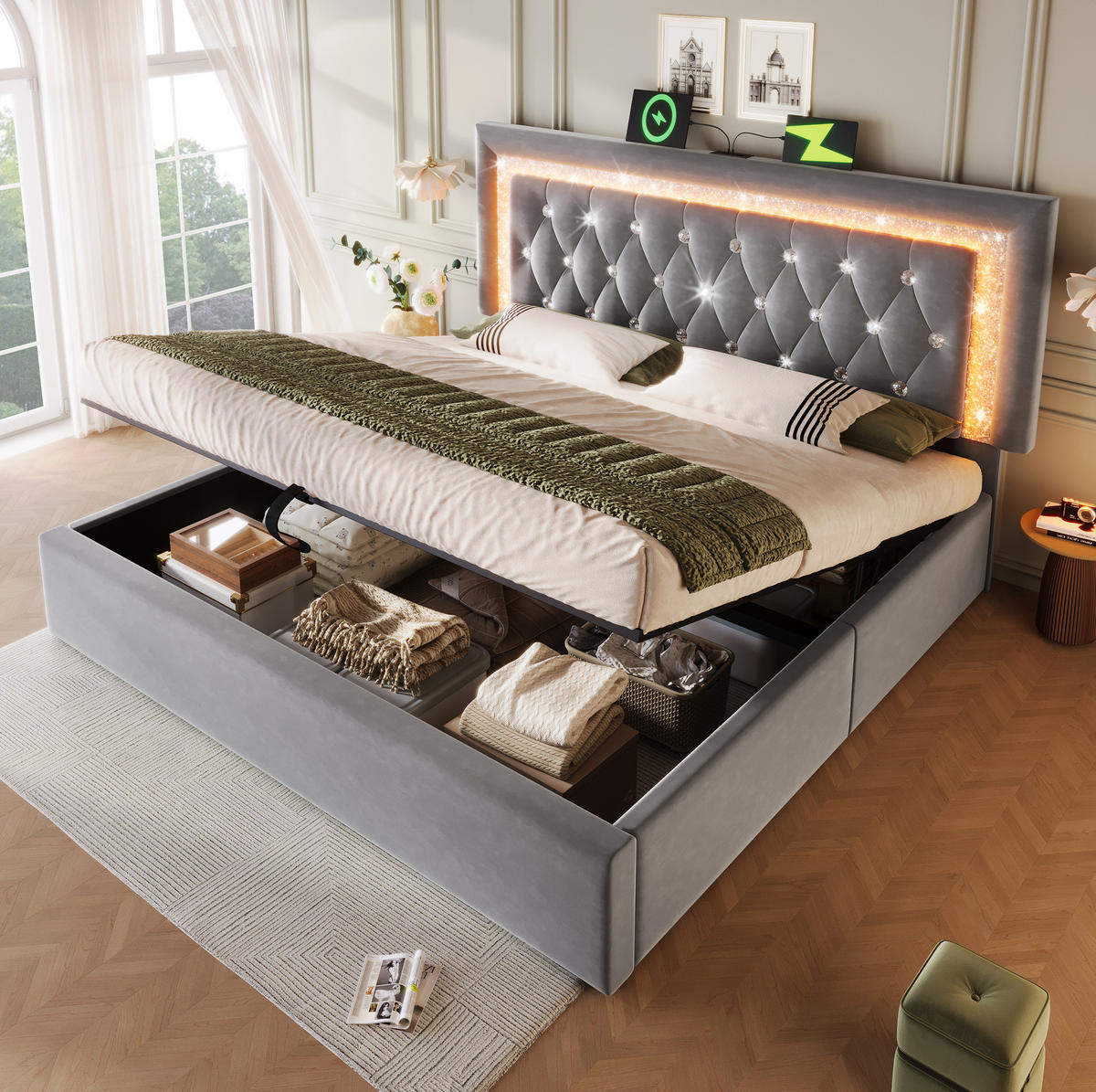 POLSTERBETT 140/200 cm Grau mit LED-Beleuchtung Stauraum USB- und Type-C-Anschlüssen mit Matratze - Grau, Textil (140/200cm) - OKWISH