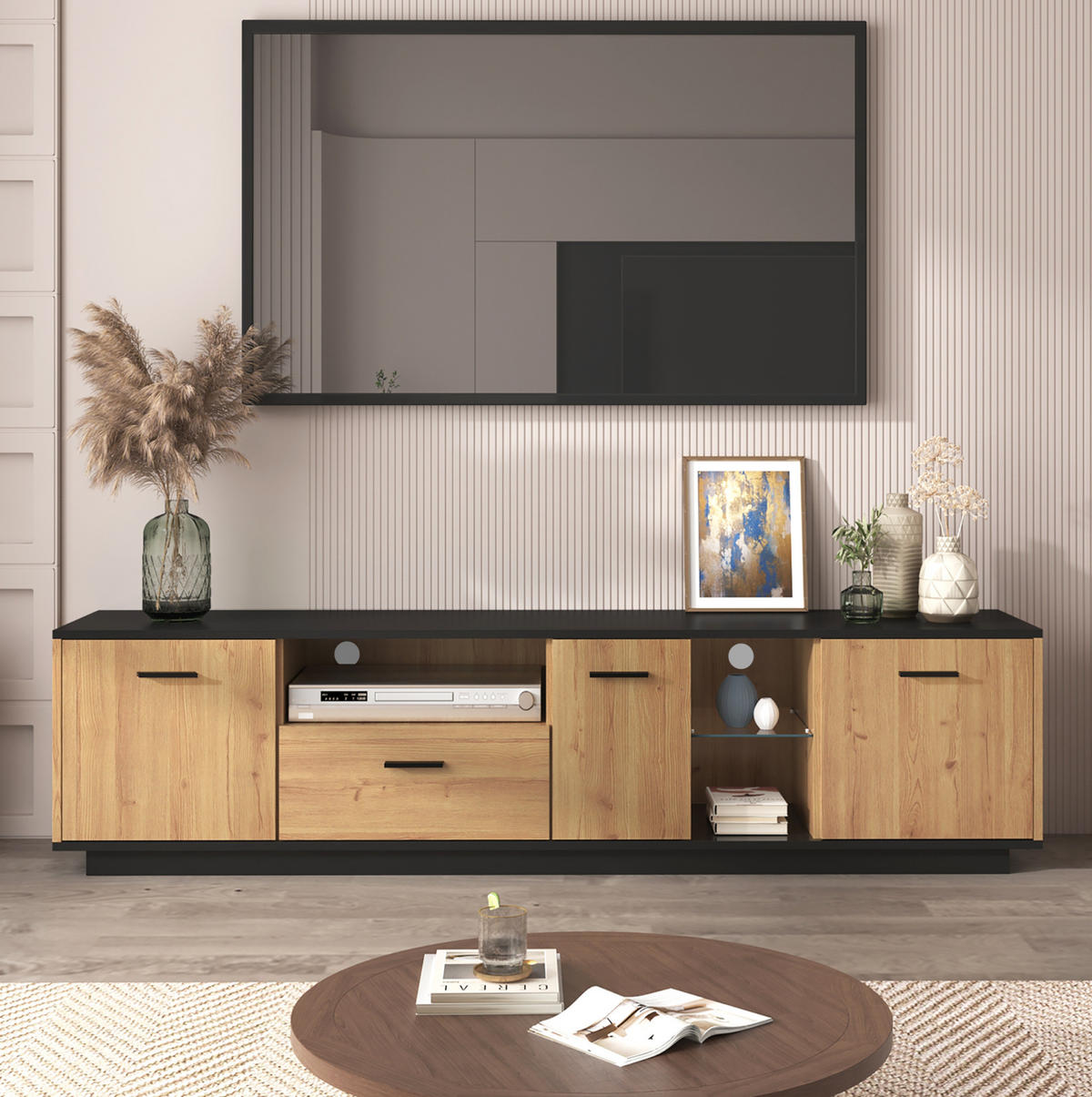 TV-LOWBOARD in Schwarz und Holzoptik mit LED und Stauraum 180/37/45 cm - Eichefarben, Holzwerkstoff (180/45/37cm) - Redom