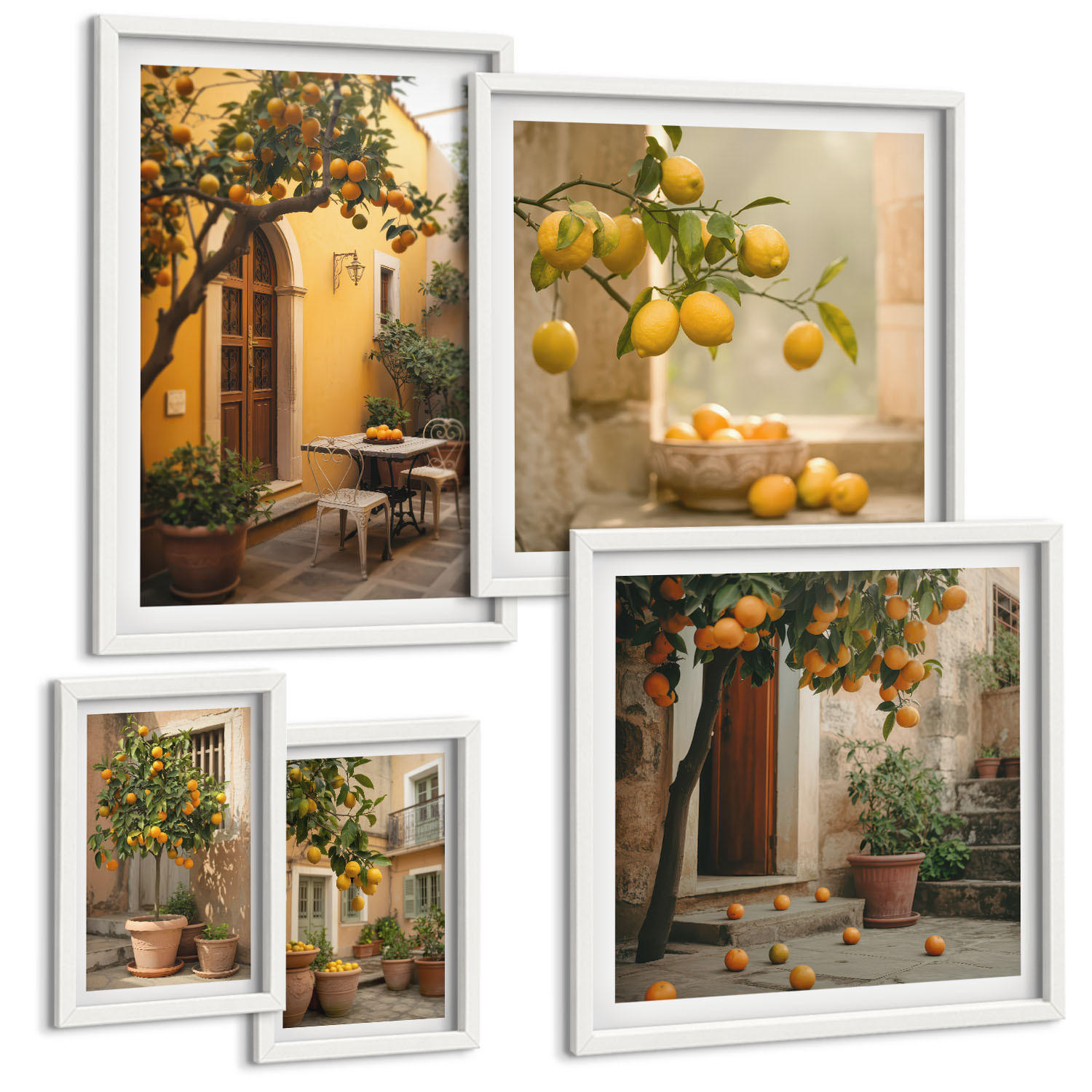 BILDER SET 5er Set - 50x50 cm & 20x30 cm & 40x60 cm Weißer Rahmen - Terrasse mit Zitrusbäumen - Weiß, Kunststoff (40/60cm) - TULUP