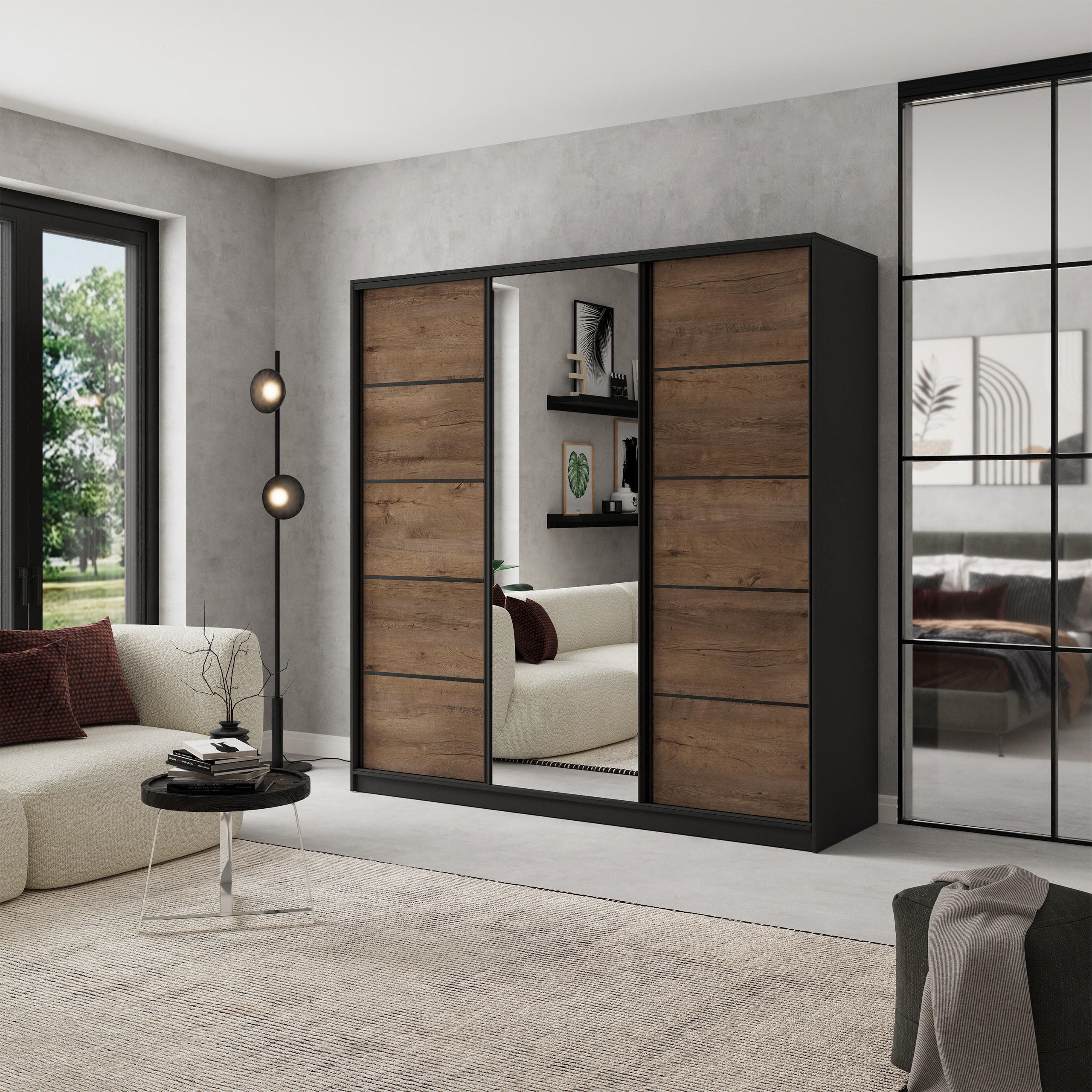 SCHWEBETÜRENSCHRANK NATA 180/205/58 cm 3-türig mit Spiegel und Schubladen Schwarz / Eiche Lefkas - Eichefarben/Schwarz, Holzwerkstoff (180/205/58cm) - MASSENO